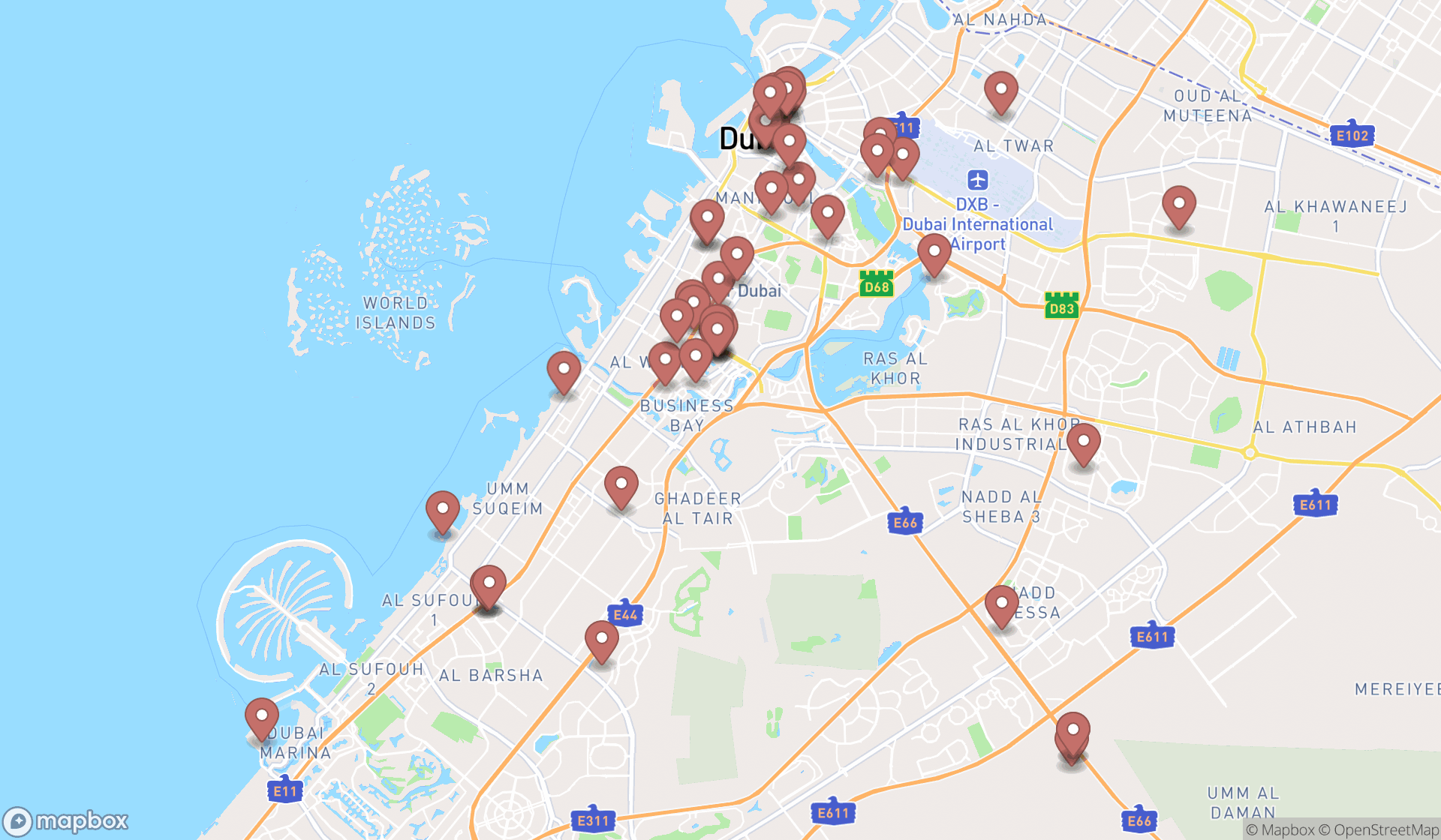 Map showing the search results in Dubai
