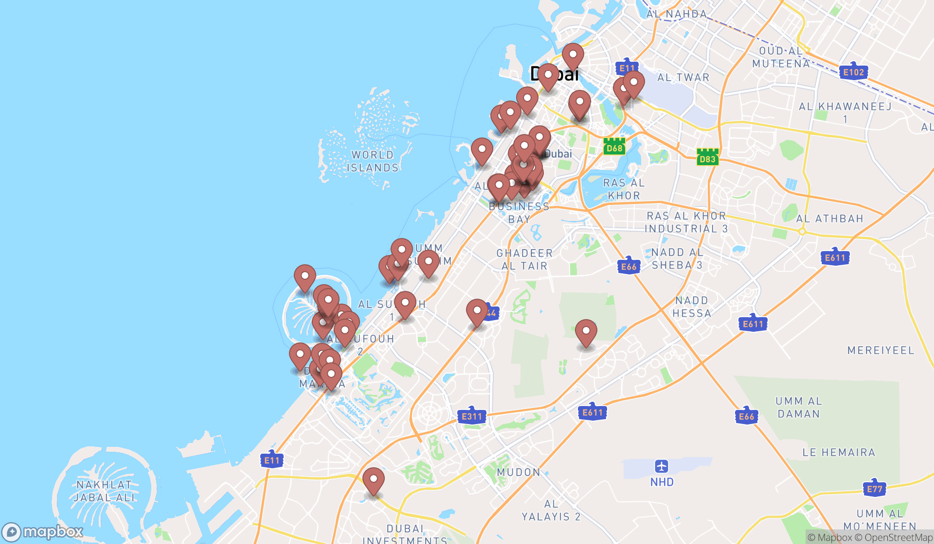 Map showing the search results in Dubai