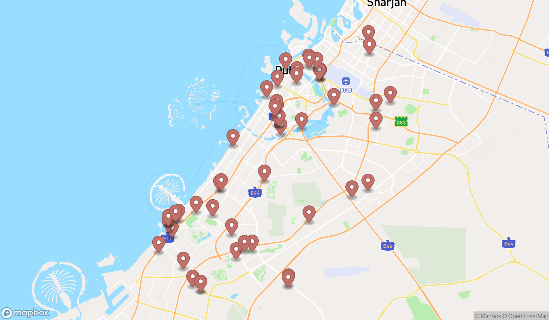 Map showing the search results in Dubai
