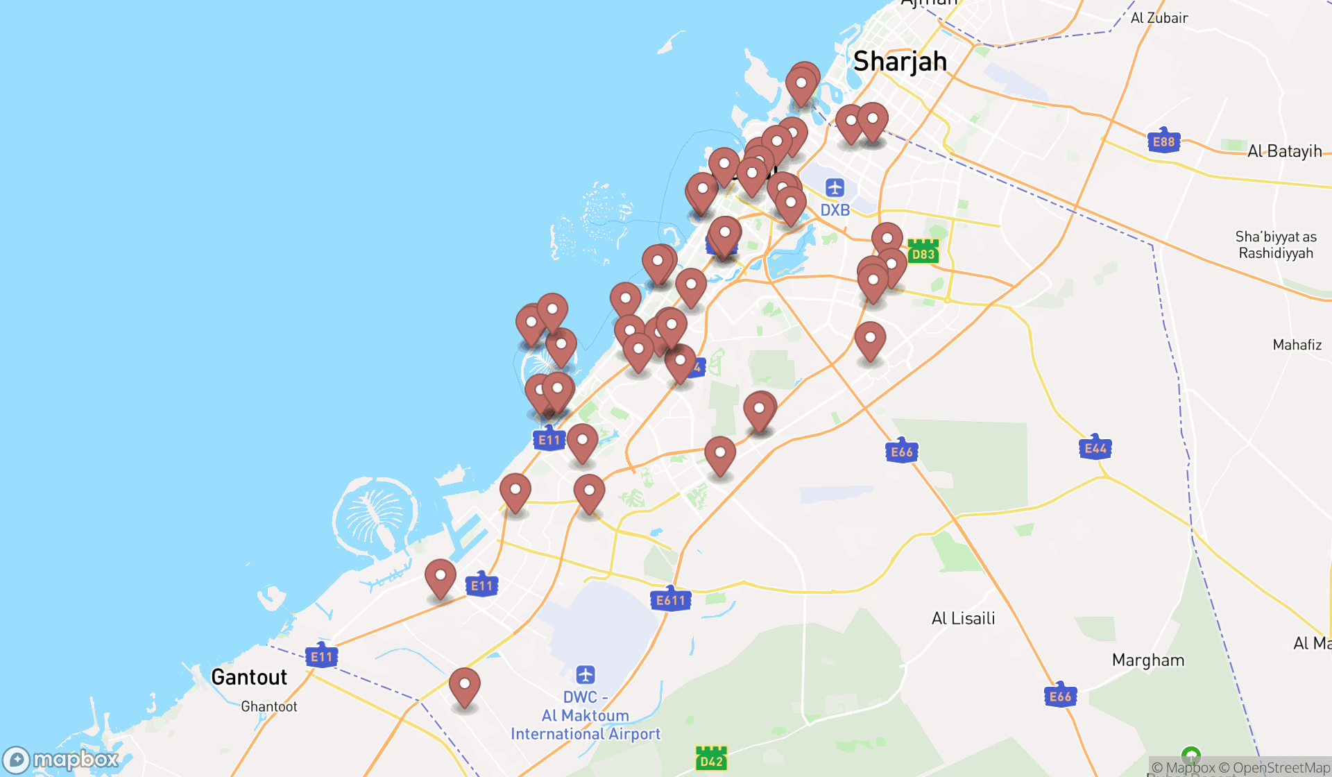 Map showing the search results in Dubai