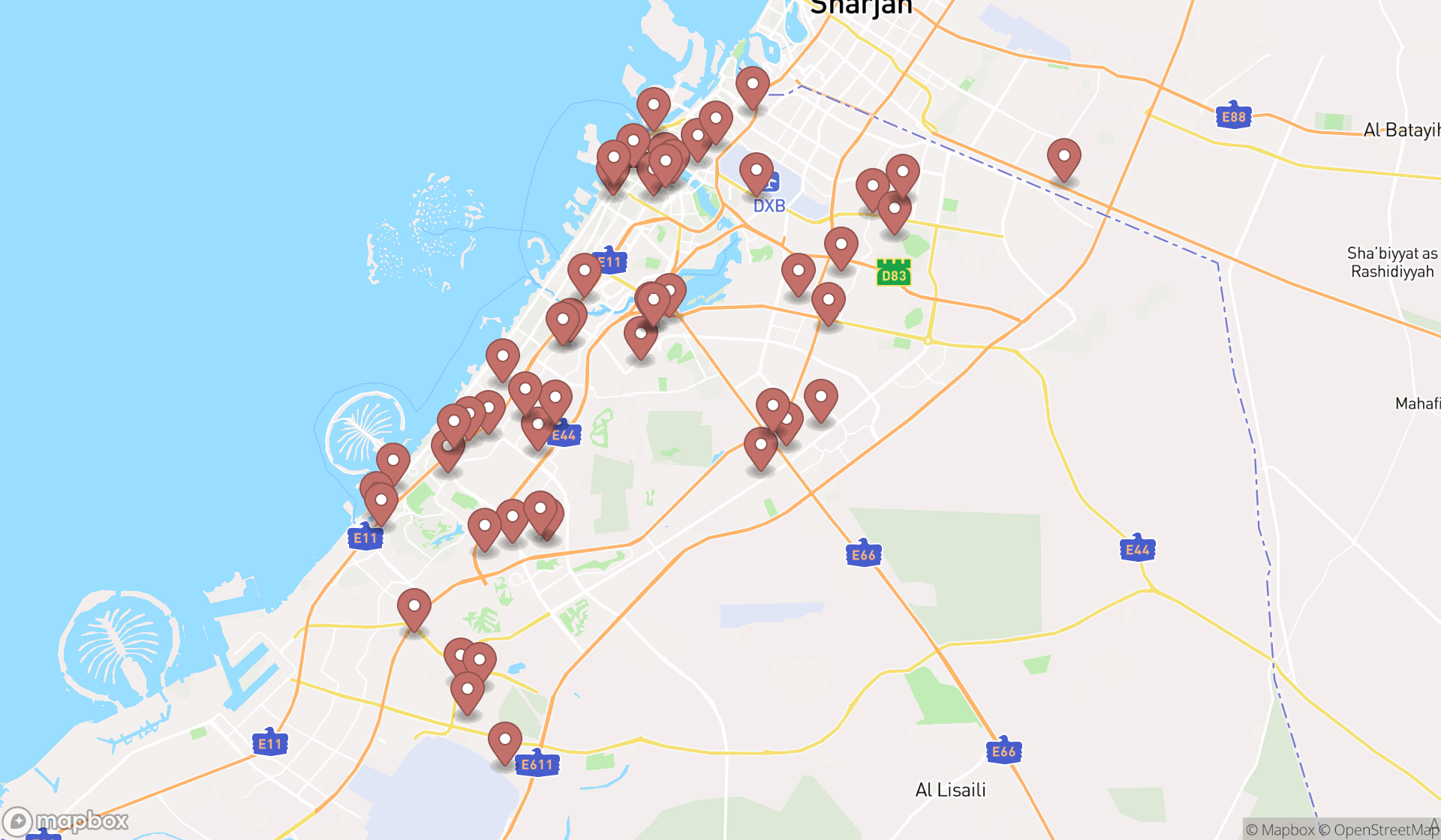 Map showing the search results in Dubai
