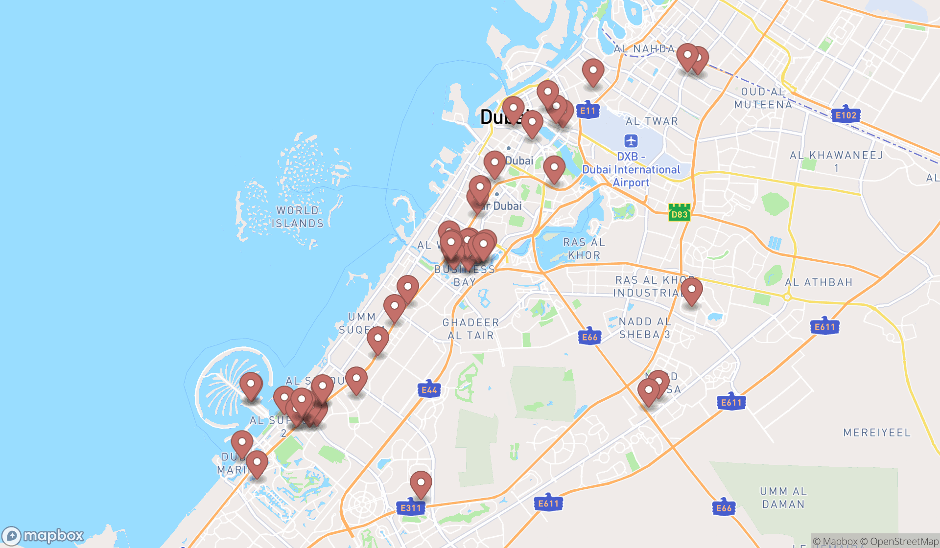 Map showing the search results in Dubai