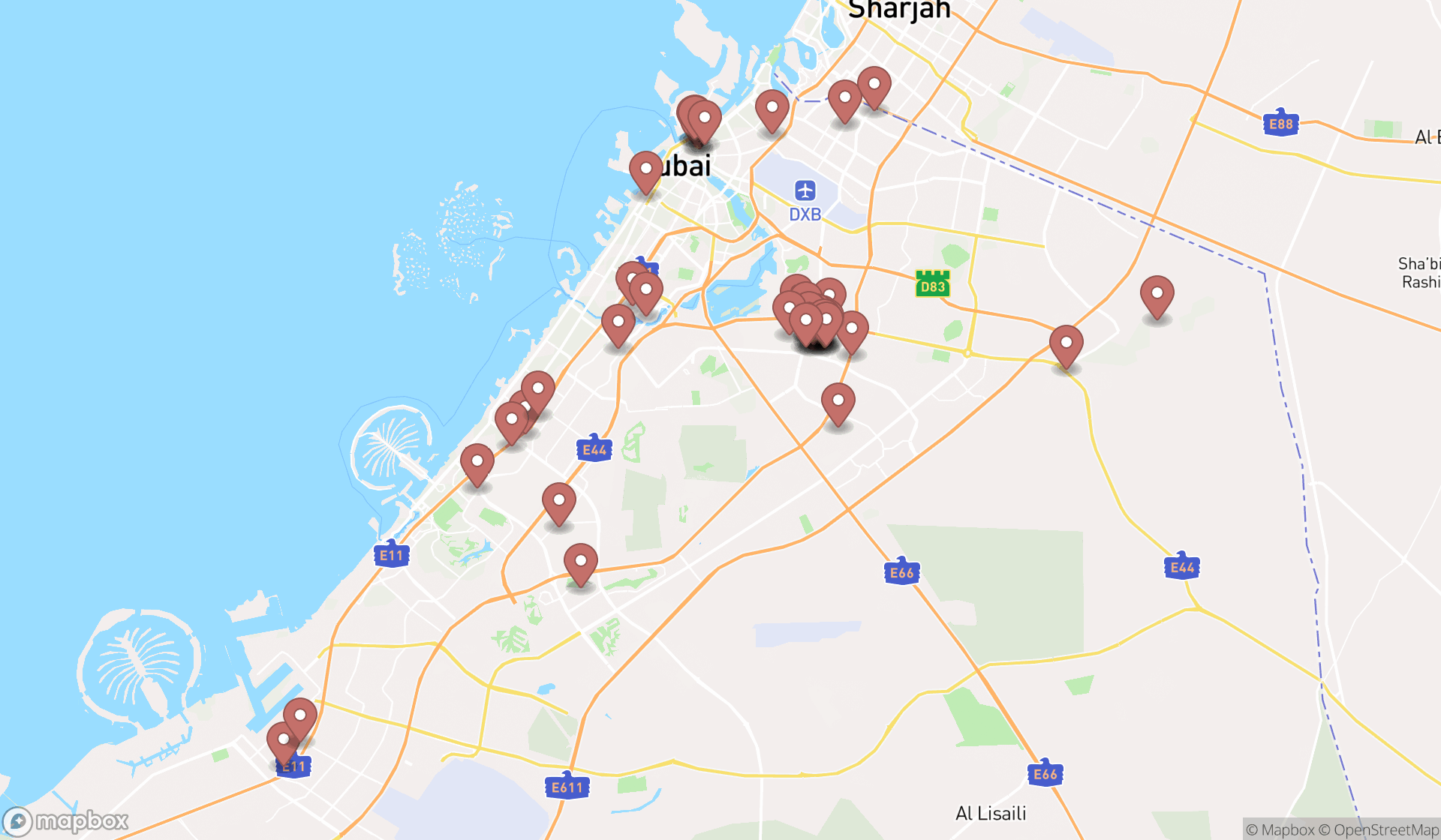 Map showing the search results in Dubai