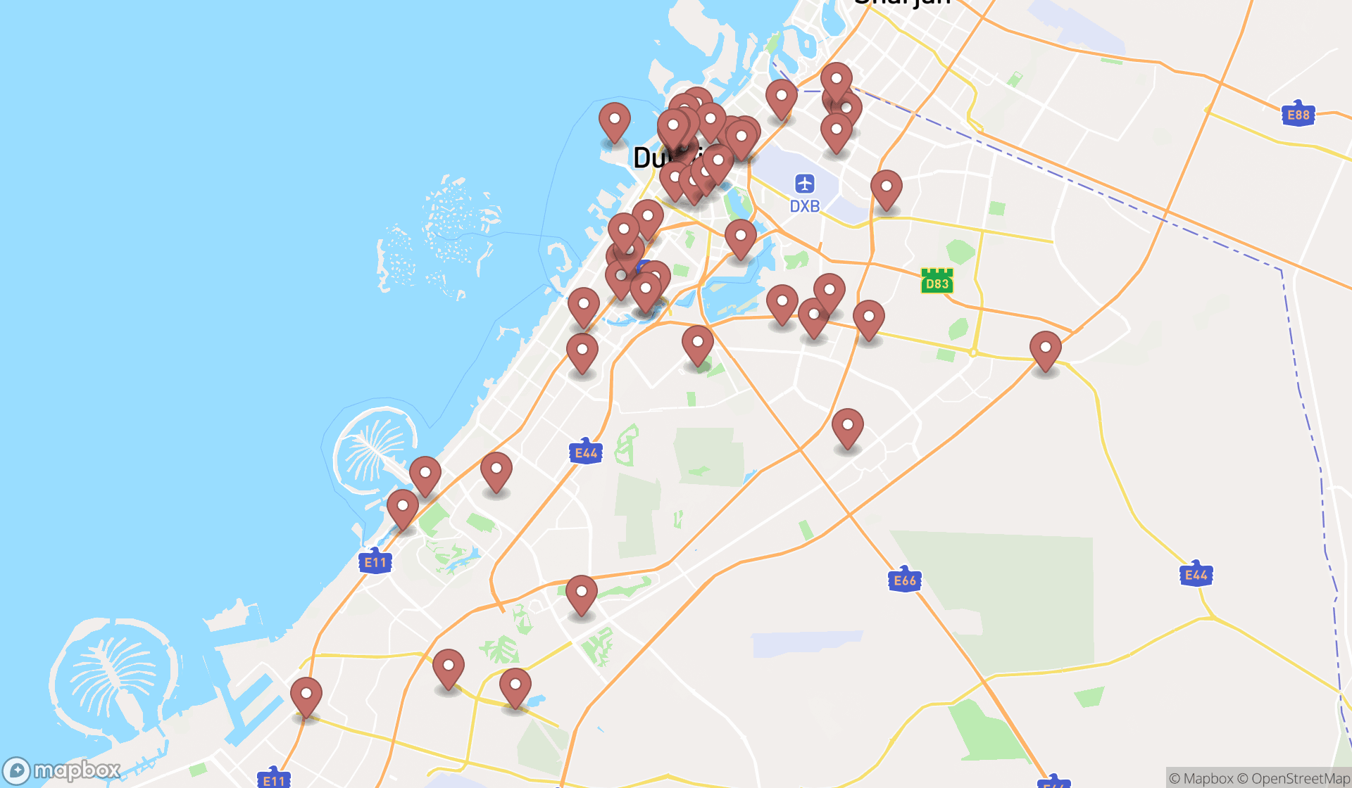 Map showing the search results in Dubai