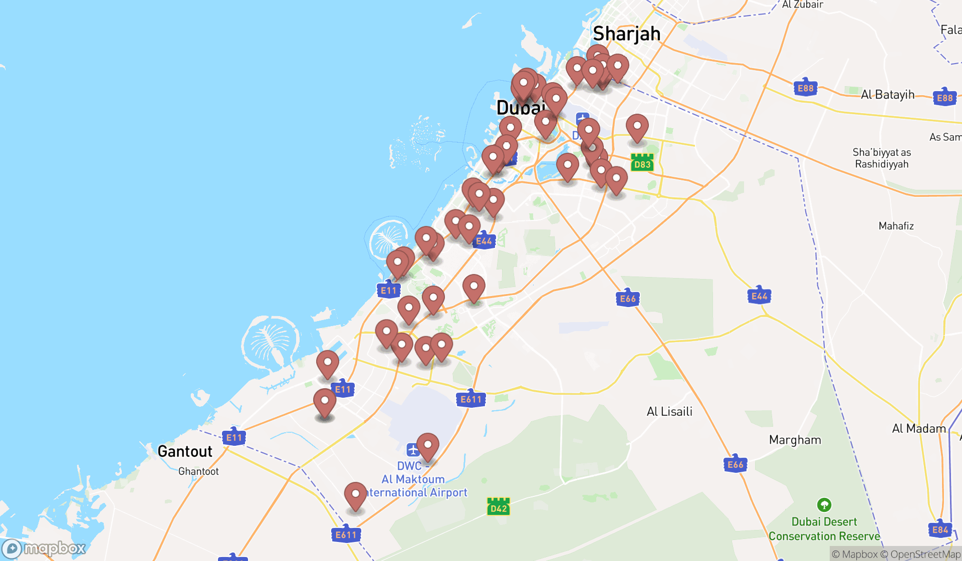 Map showing the search results in Dubai