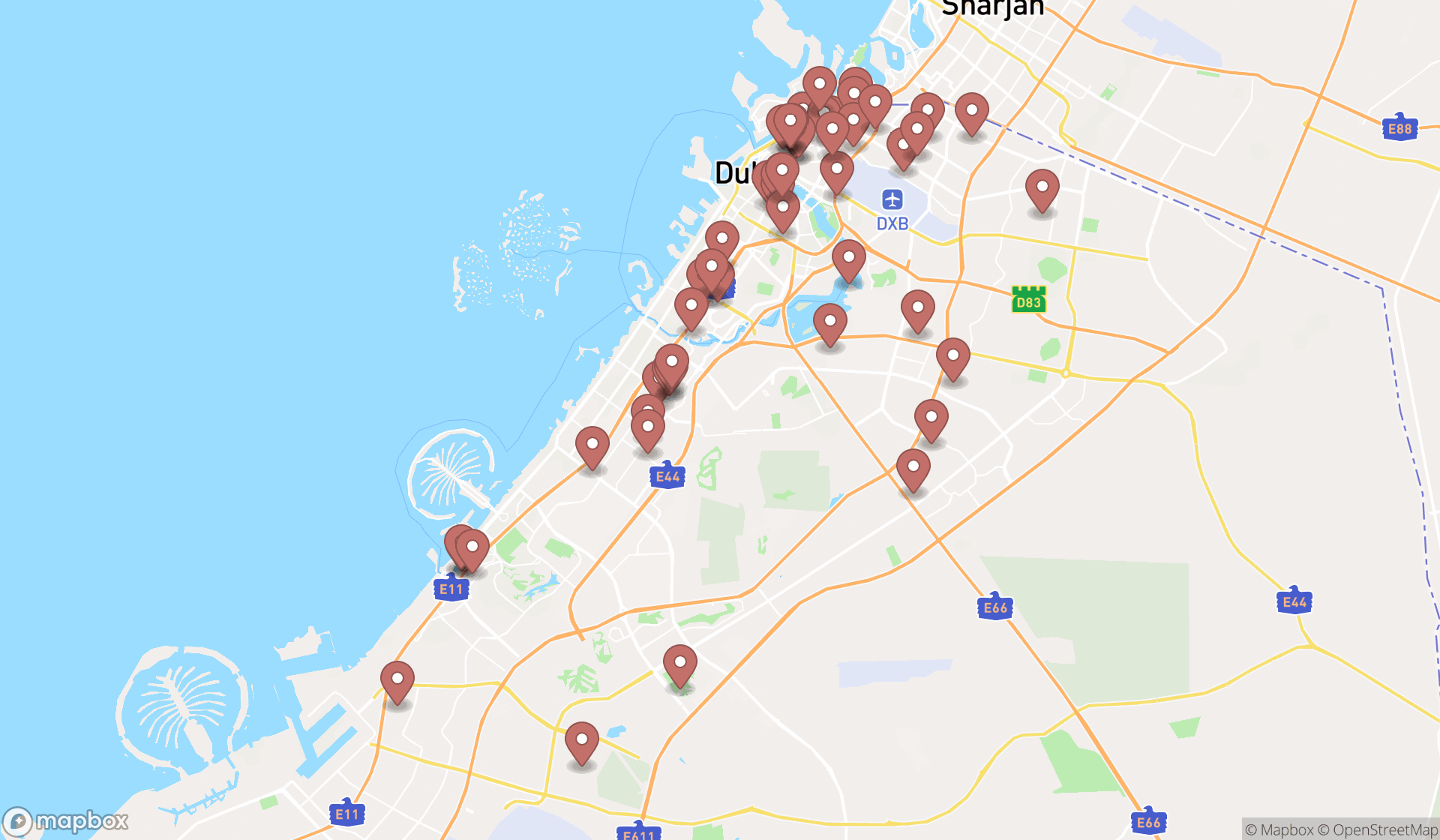 Map showing the search results in Dubai