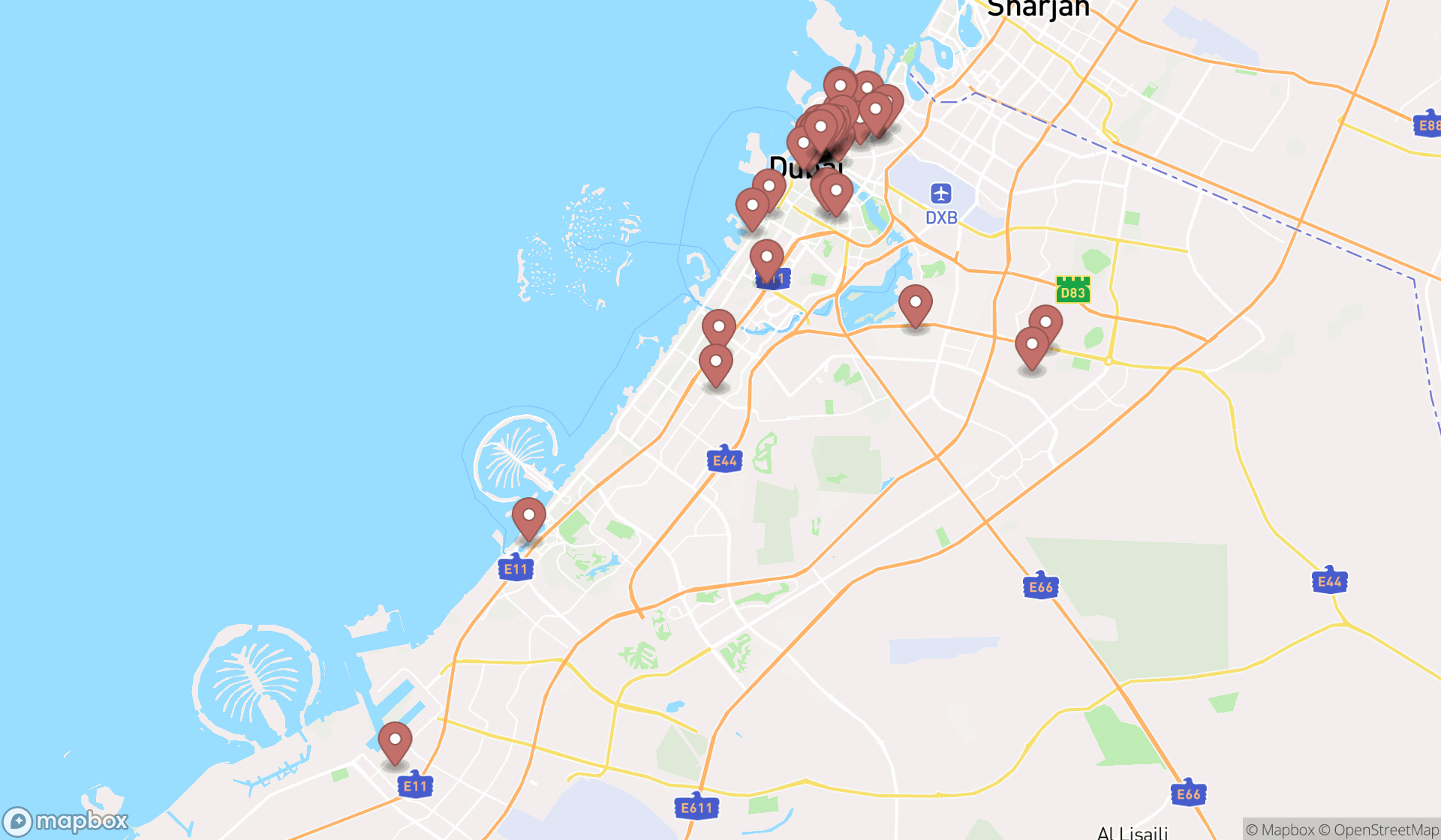 Map showing the search results in Dubai