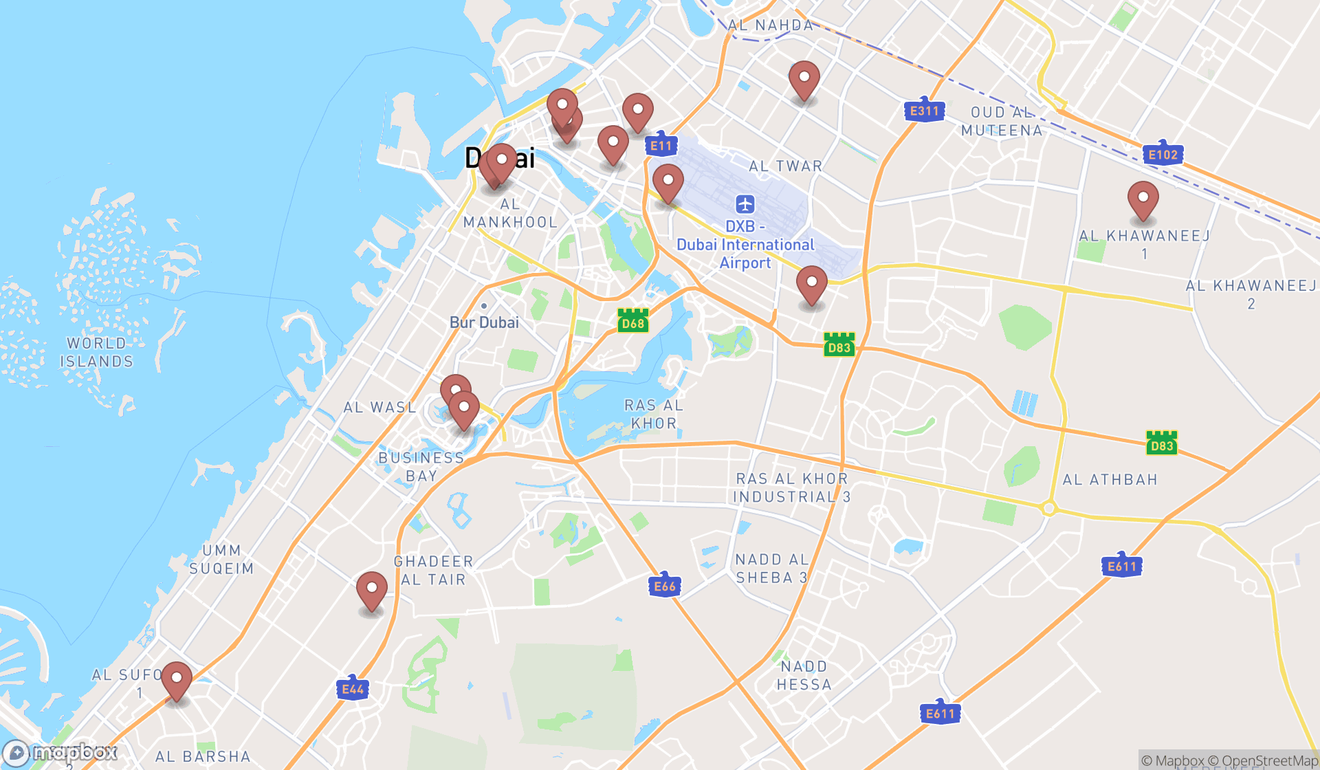 Map showing the search results in Dubai