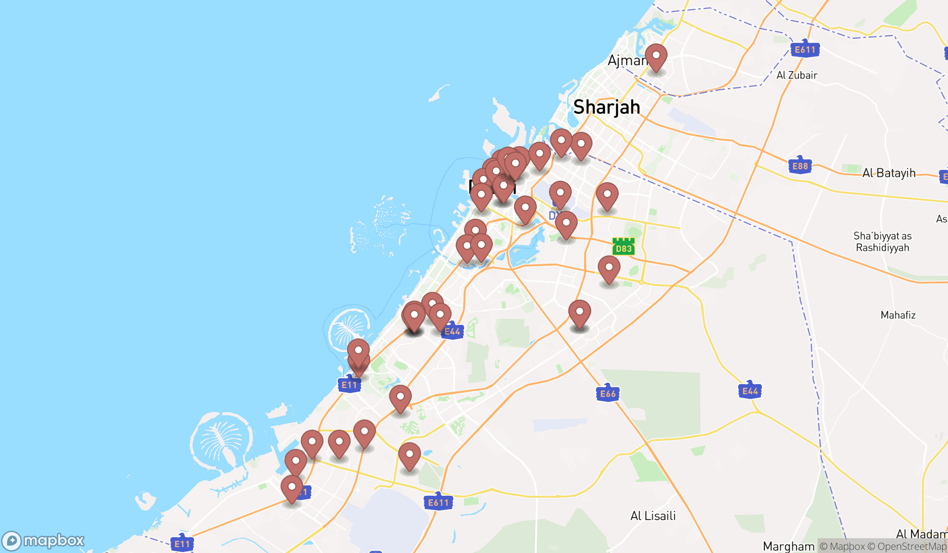 Map showing the search results in Dubai