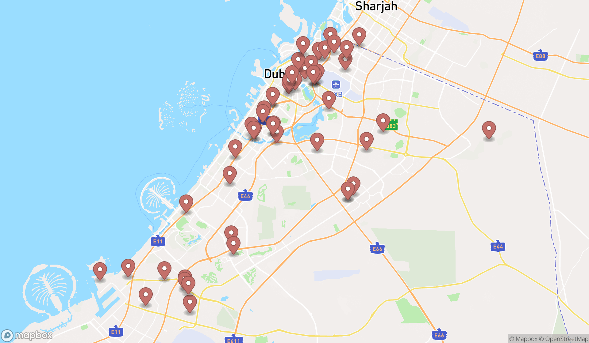 Map showing the search results in Dubai