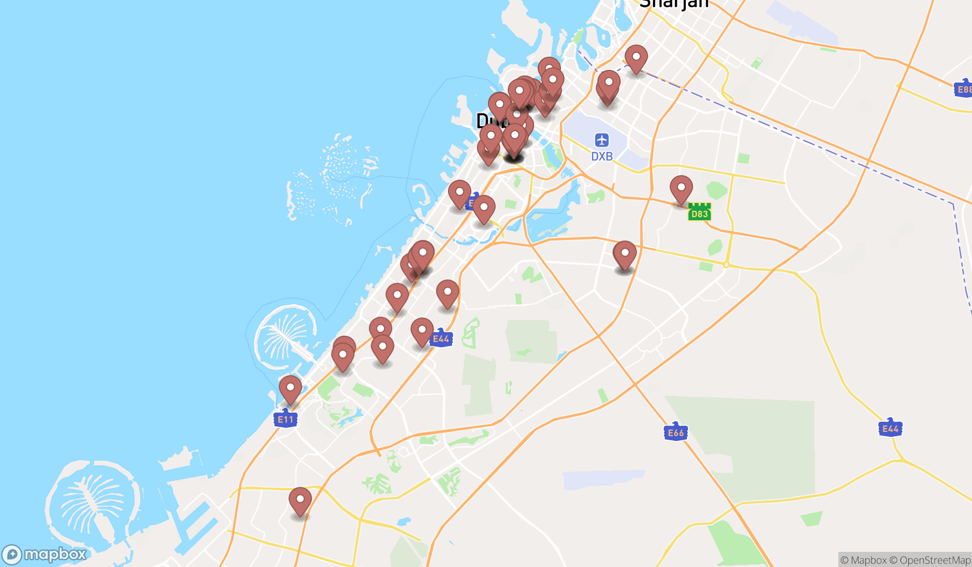 Map showing the search results in Dubai