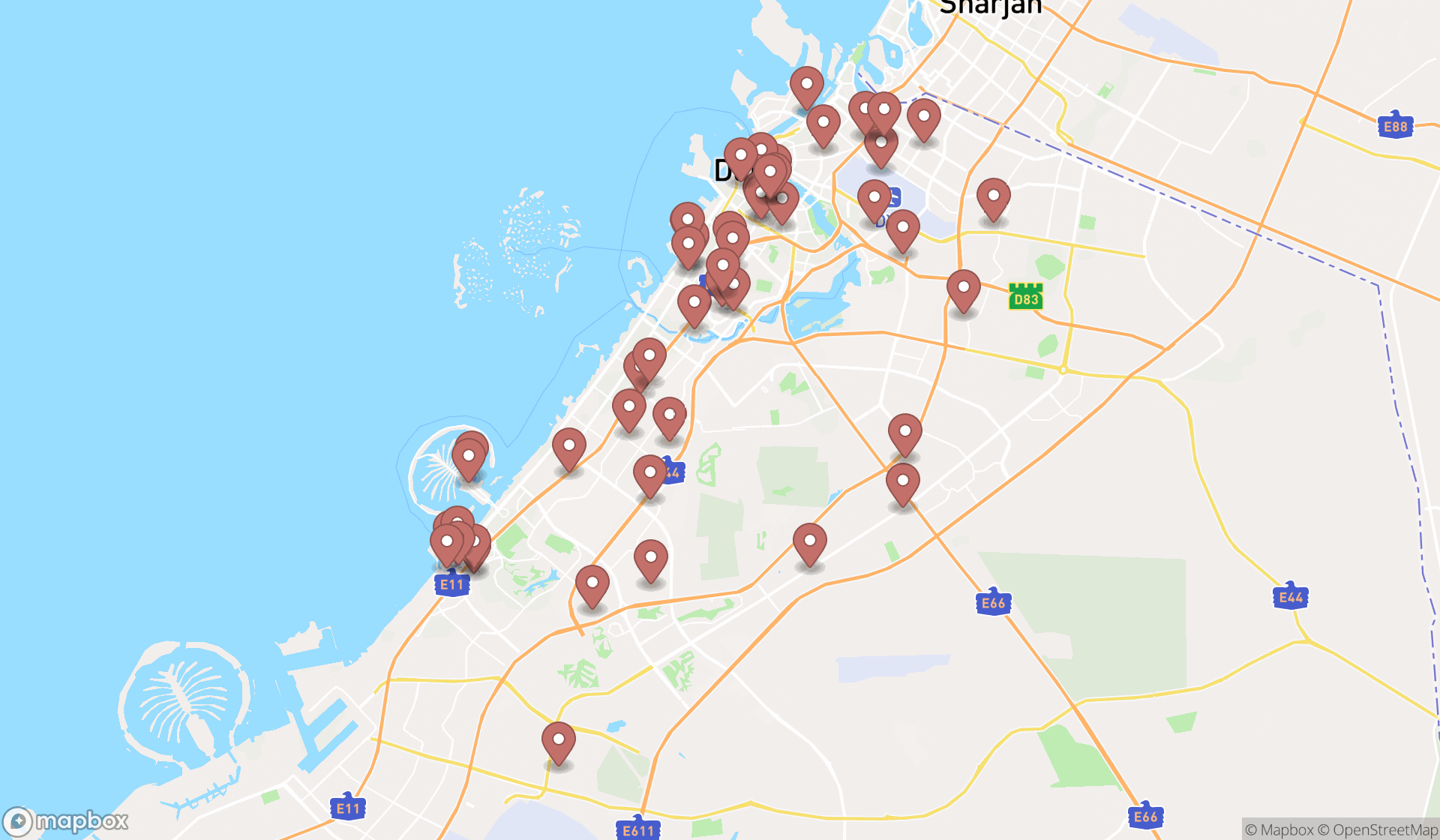 Map showing the search results in Dubai