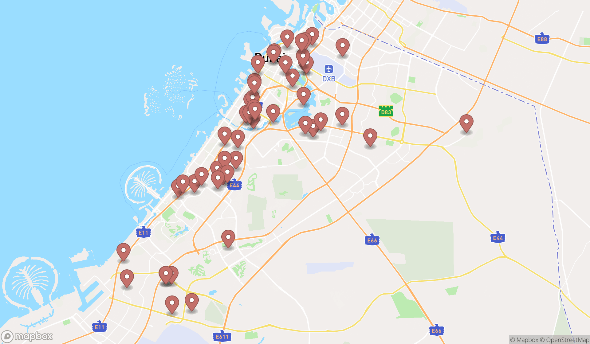 Map showing the search results in Dubai