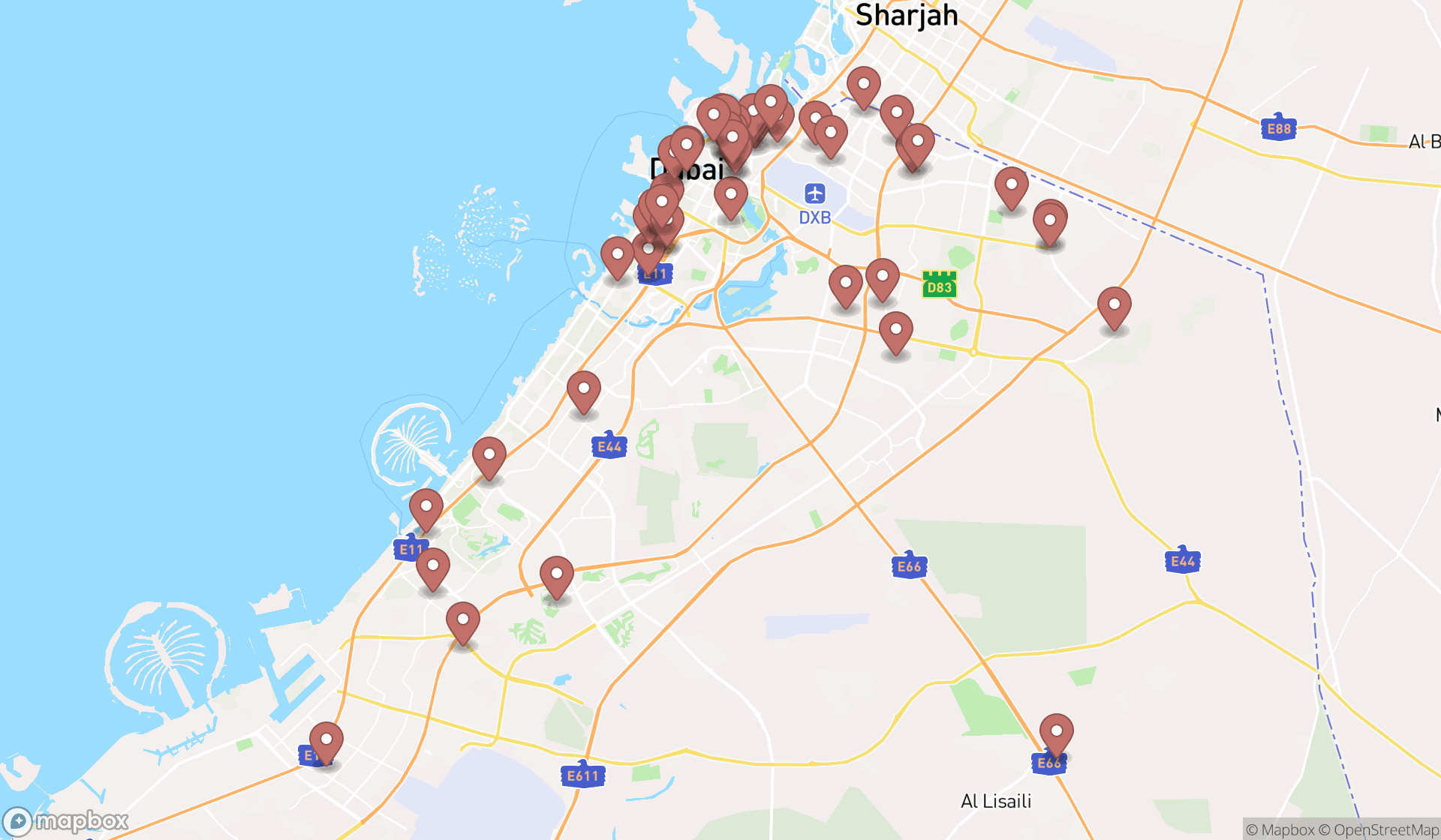 Map showing the search results in Dubai
