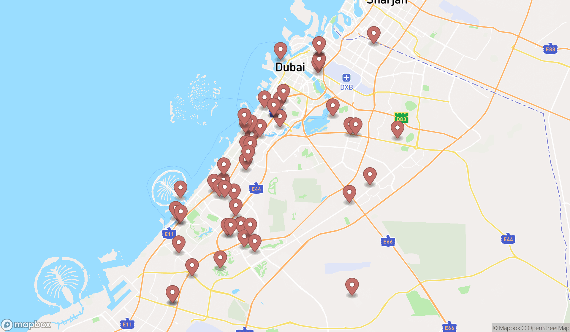 Map showing the search results in Dubai