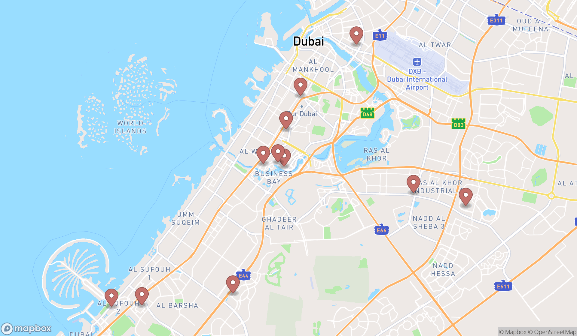 Map showing the search results in Dubai