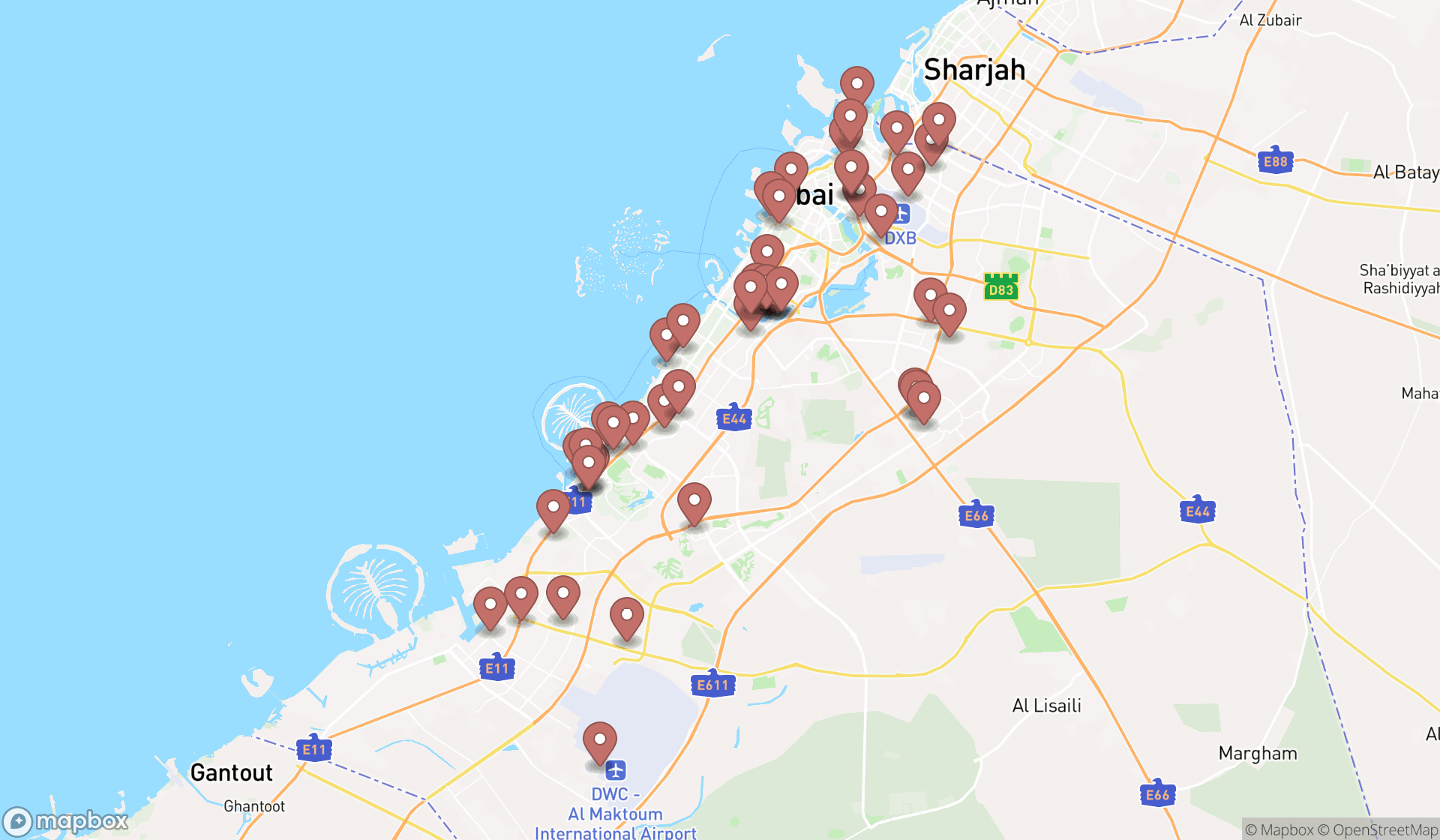 Map showing the search results in Dubai