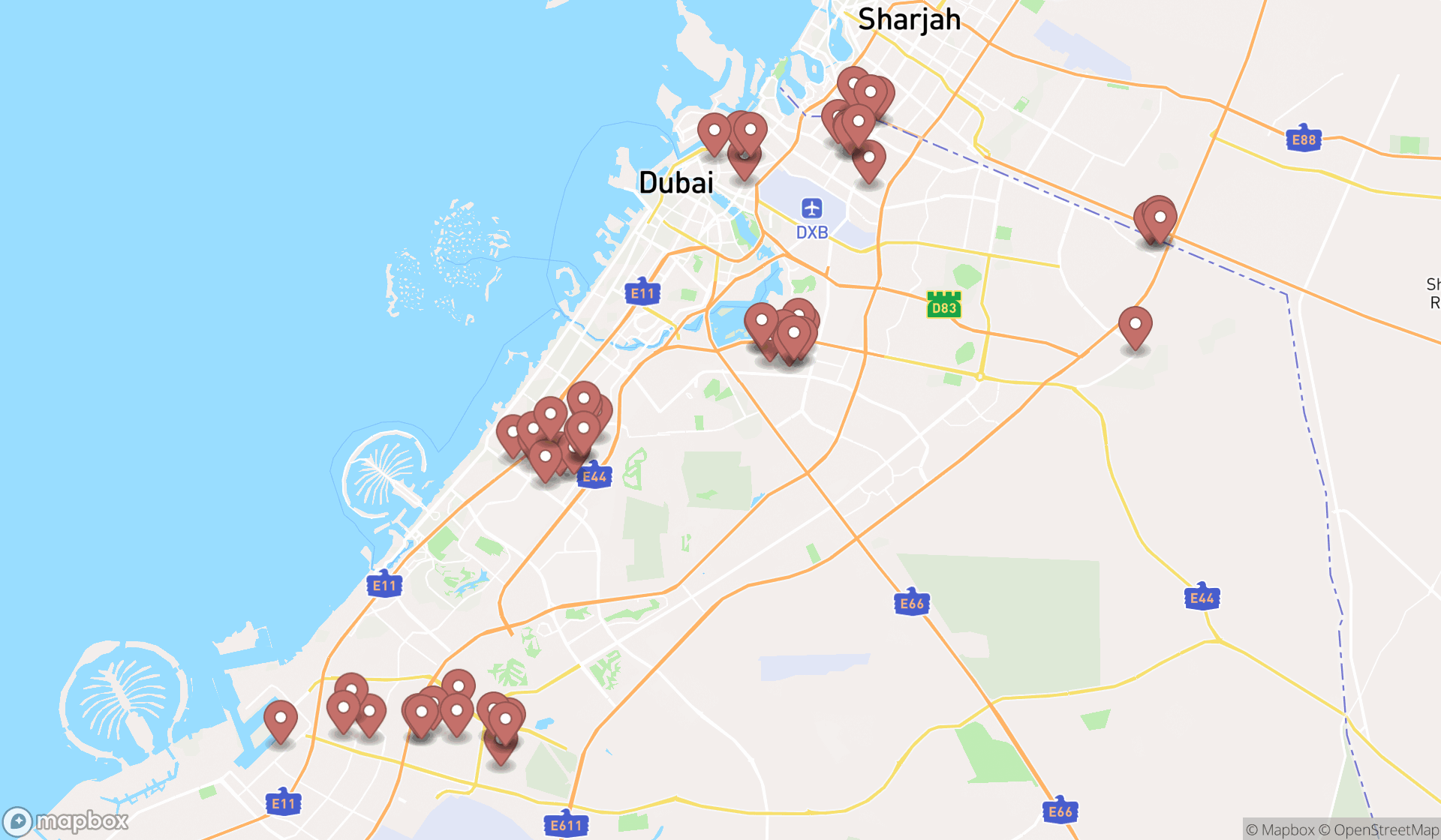 Map showing the search results in Dubai