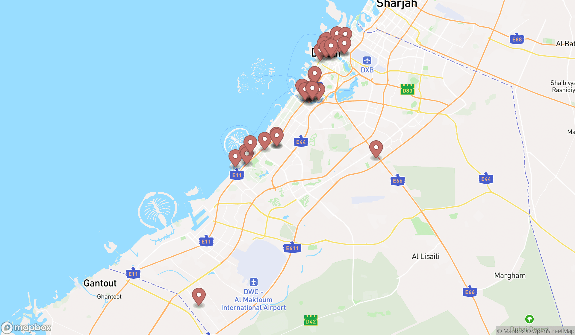 Map showing the search results in Dubai