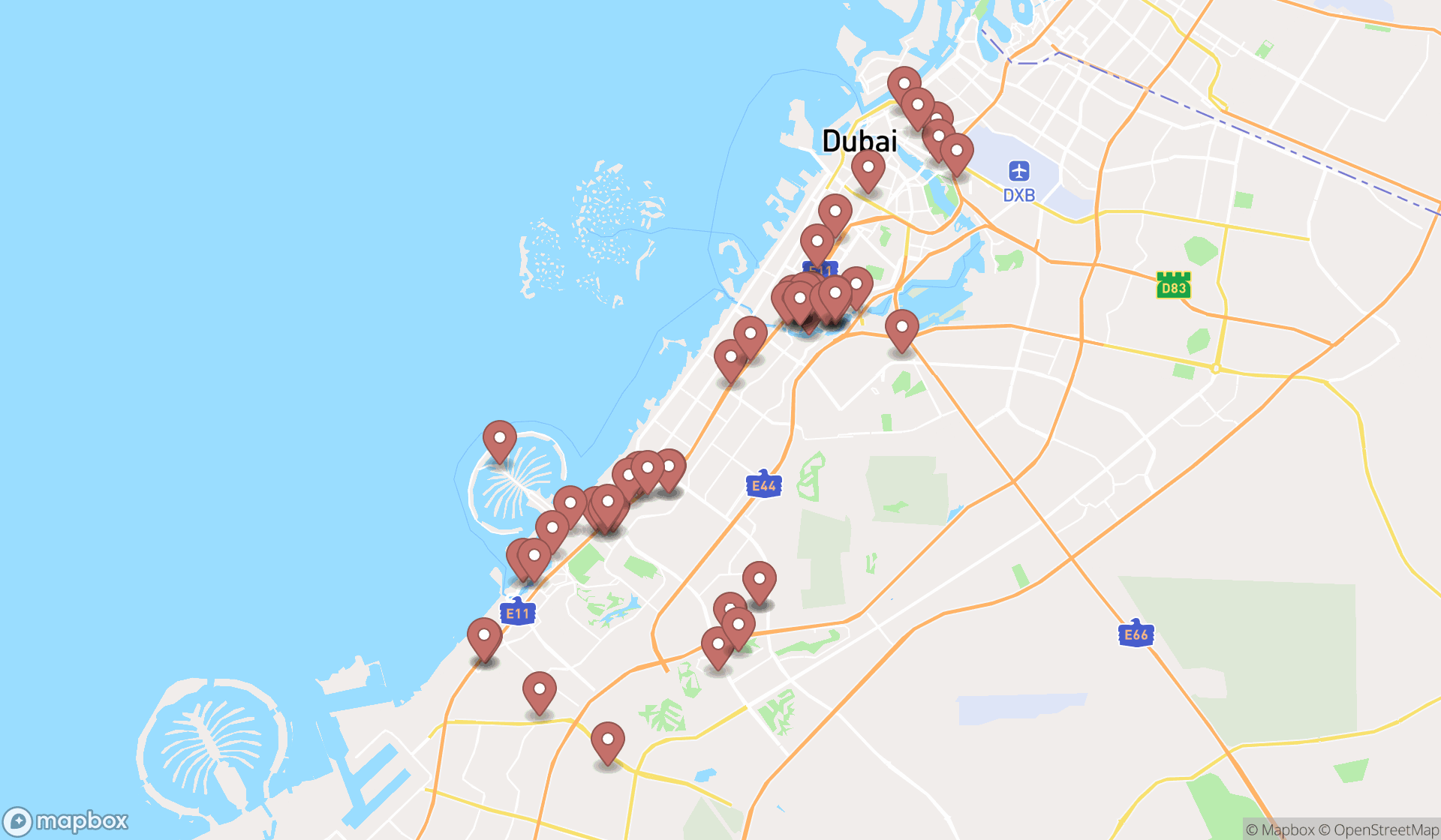 Map showing the search results in Dubai
