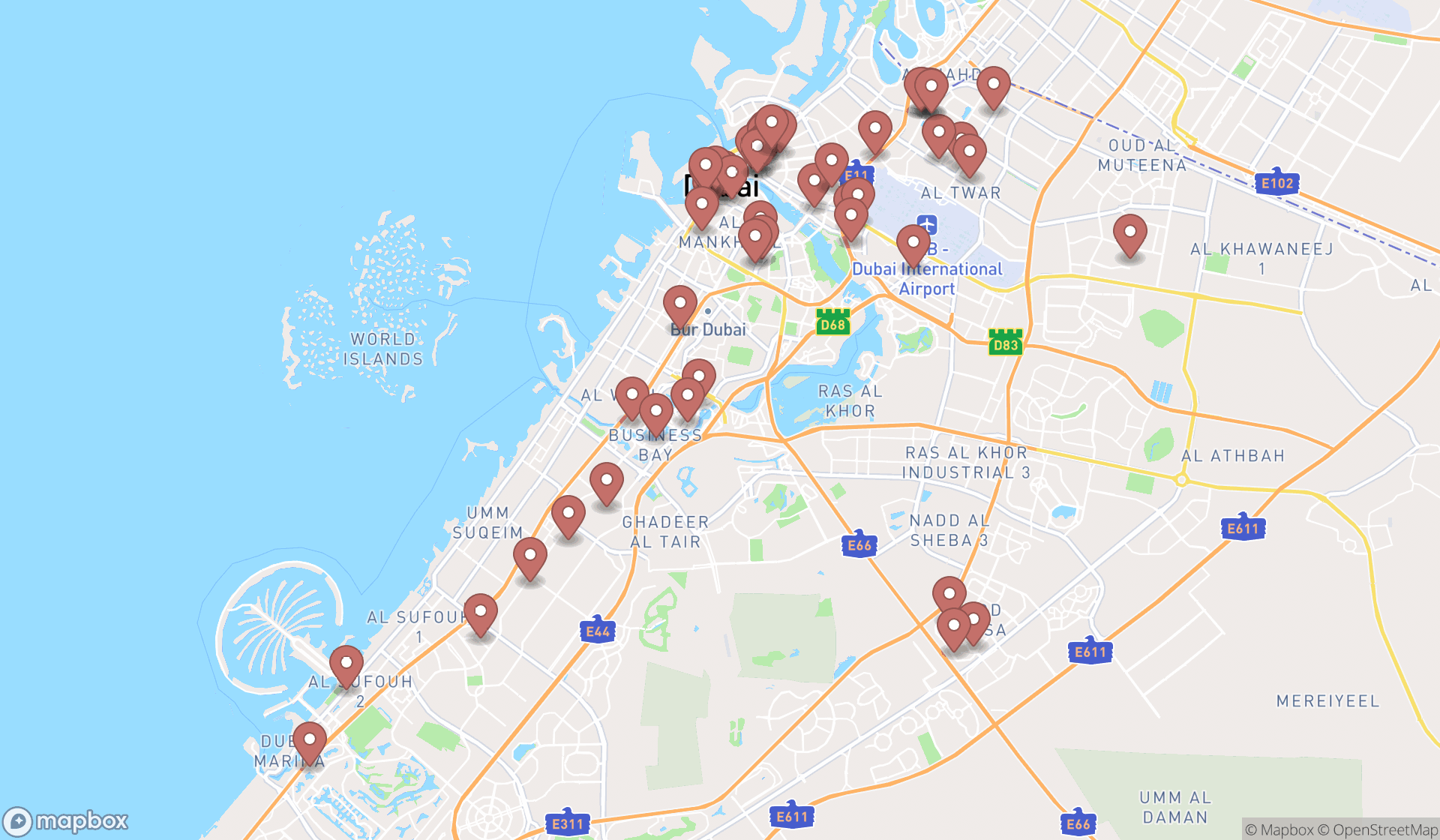 Map showing the search results in Dubai
