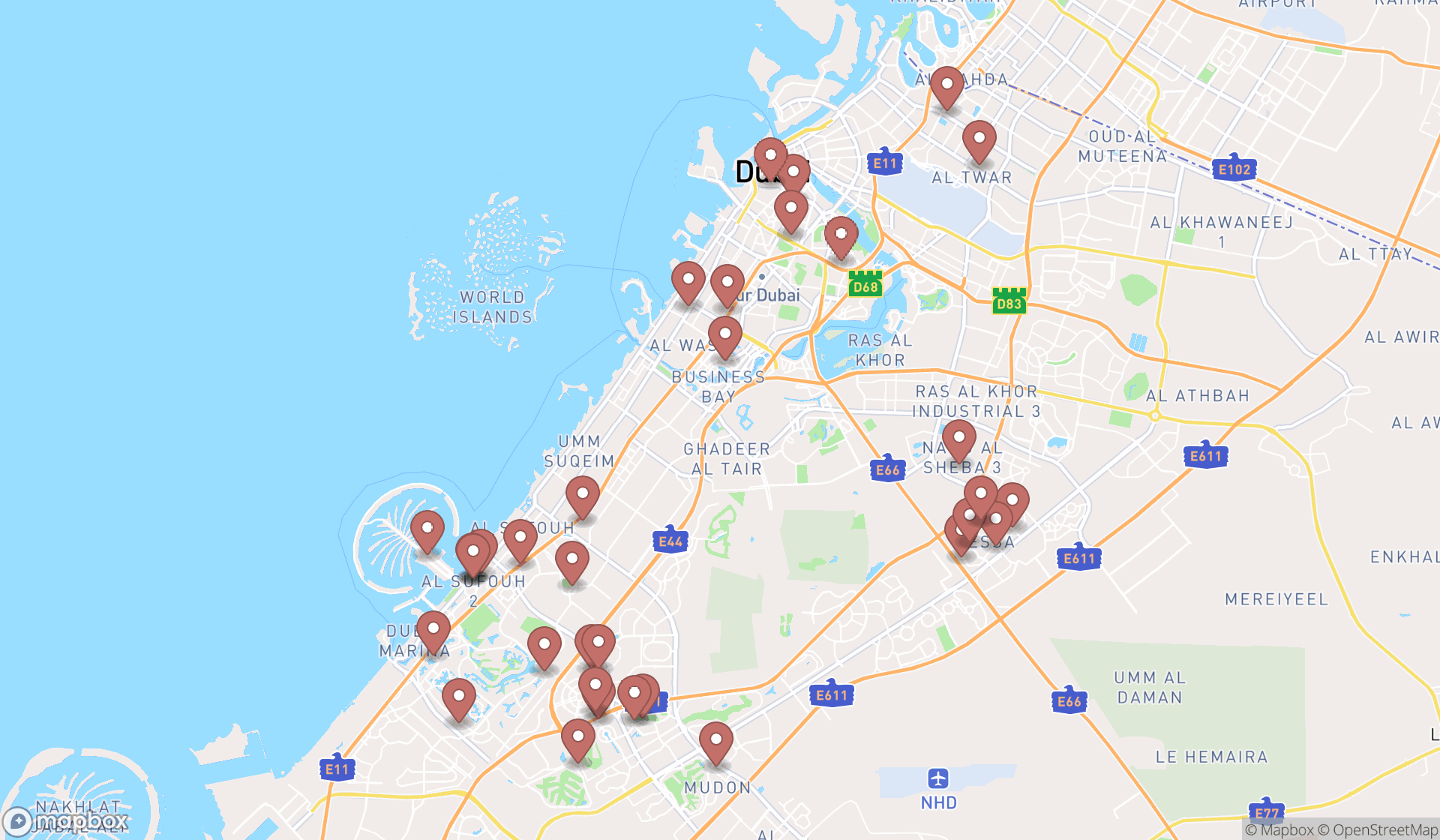 Map showing the search results in Dubai