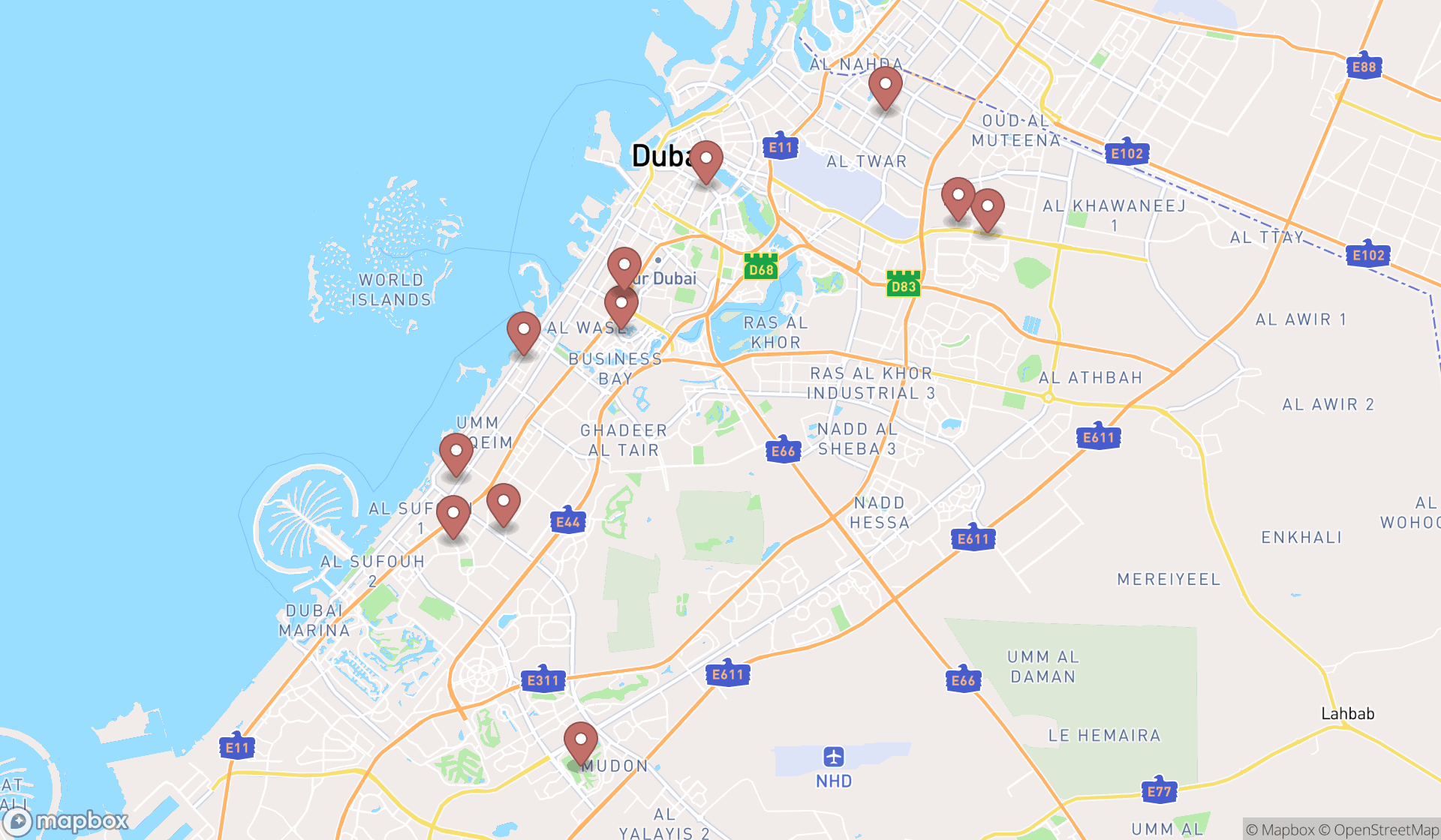 Map showing the search results in Dubai