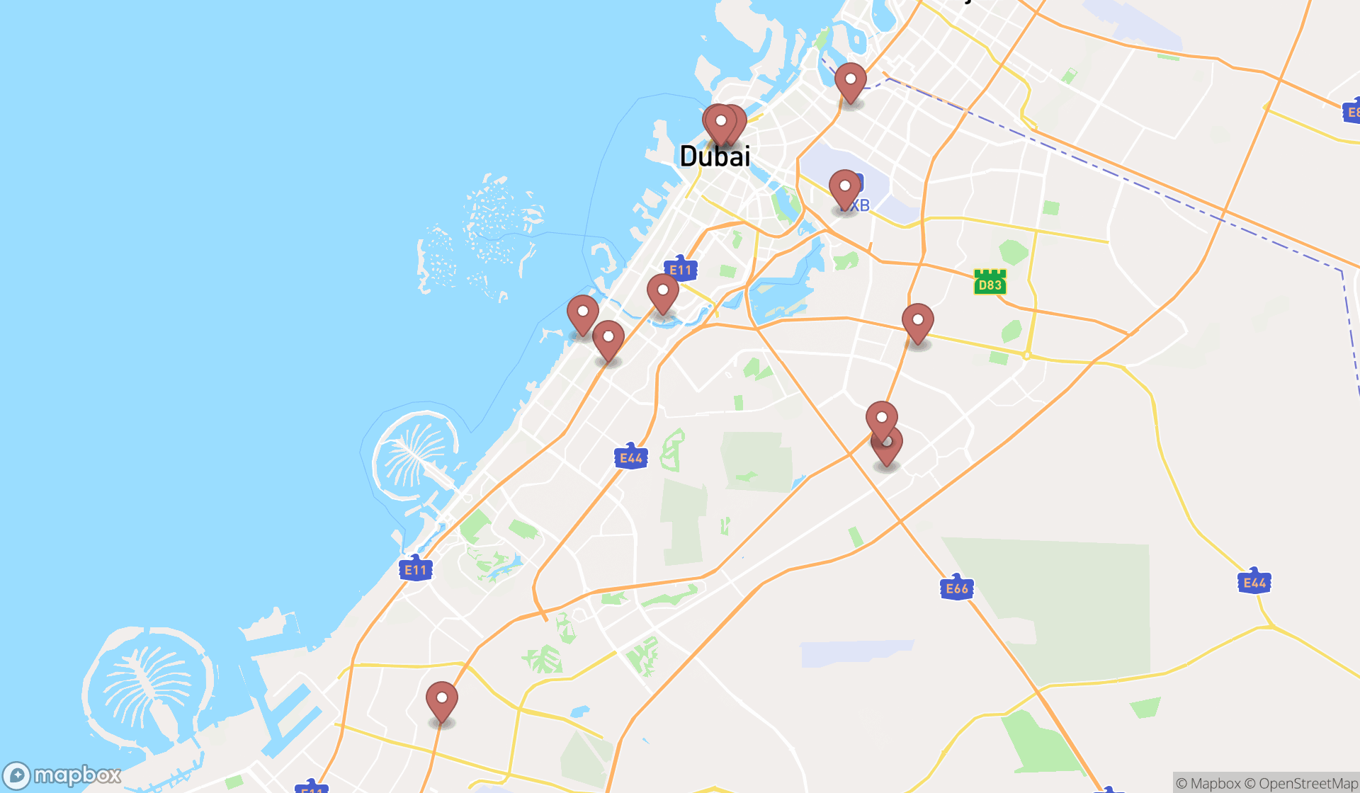 Map showing the search results in Dubai