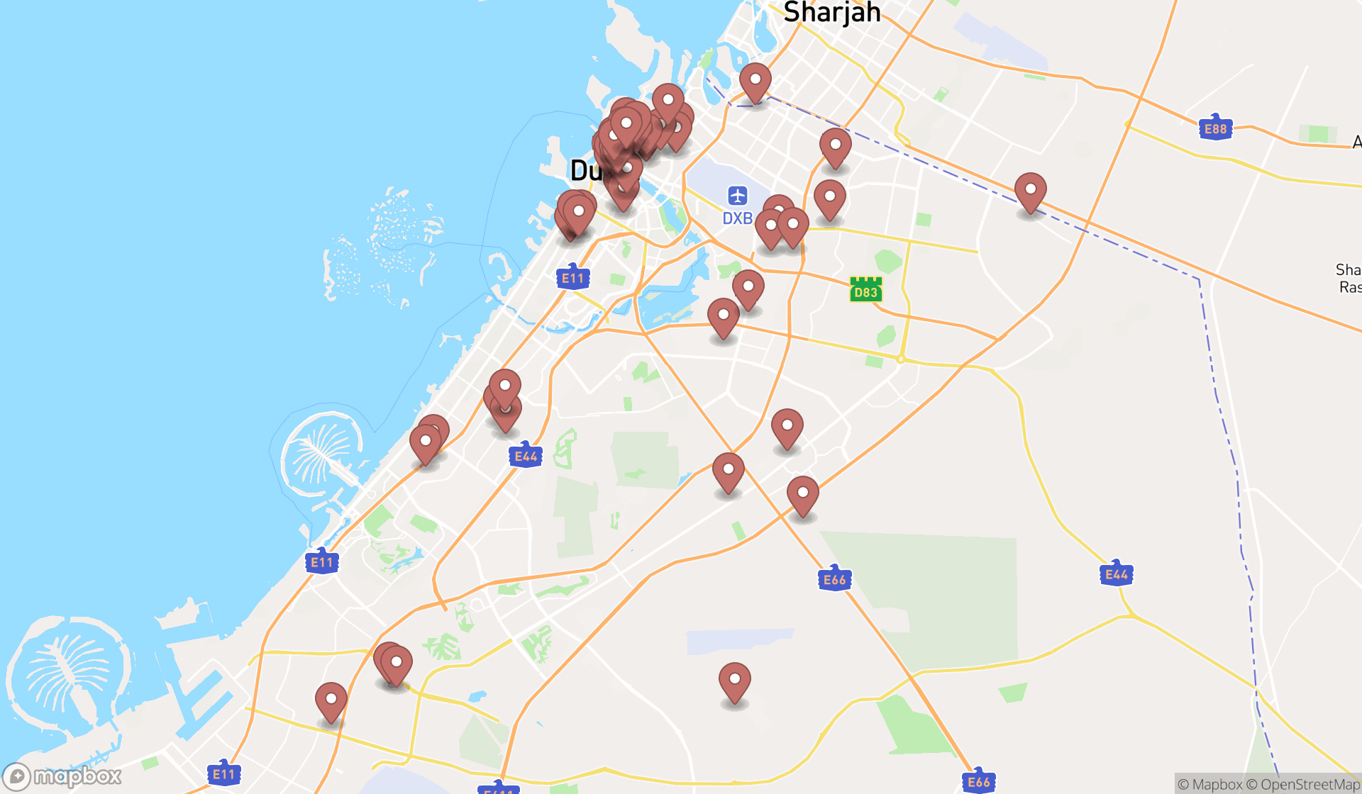 Map showing the search results in Dubai