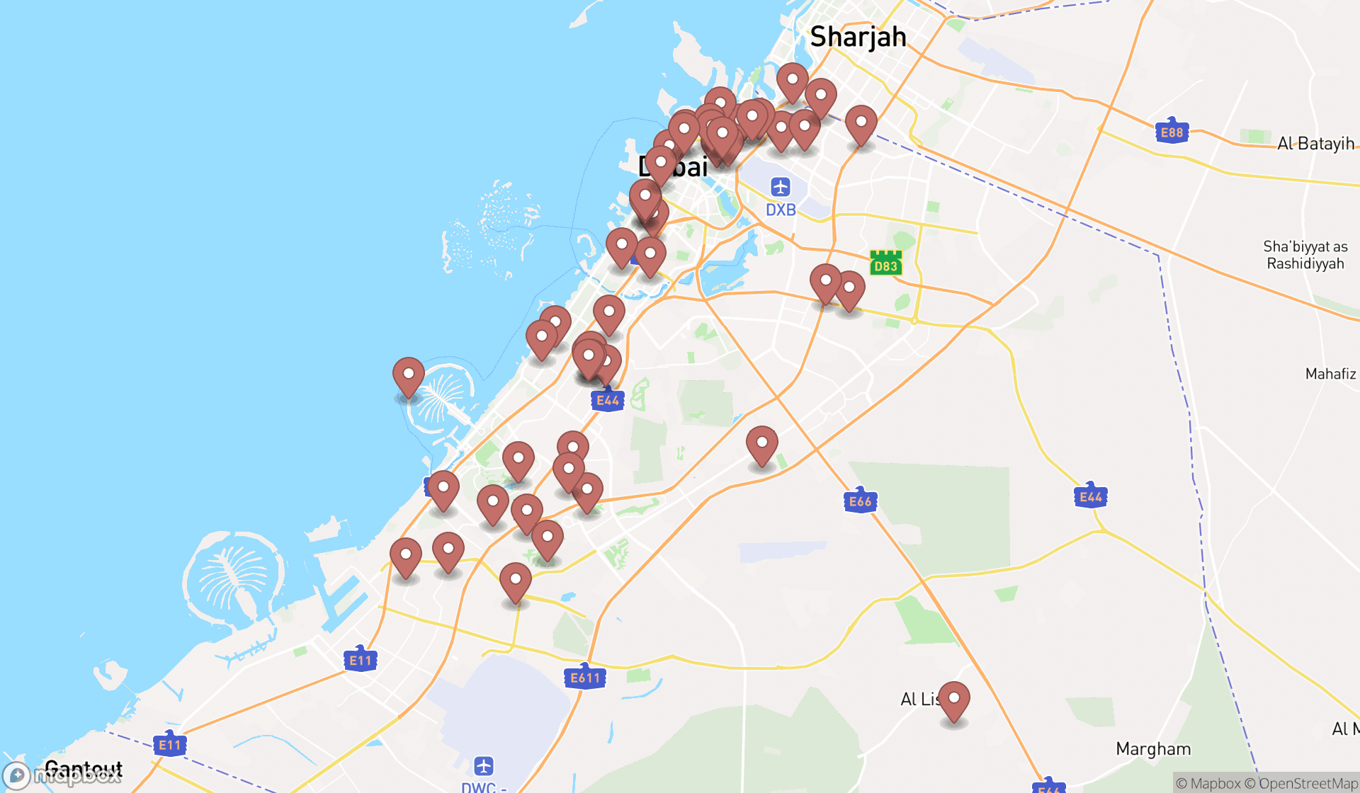 Map showing the search results in Dubai