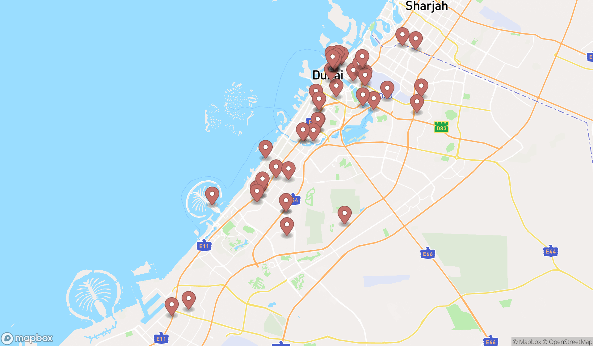 Map showing the search results in Dubai