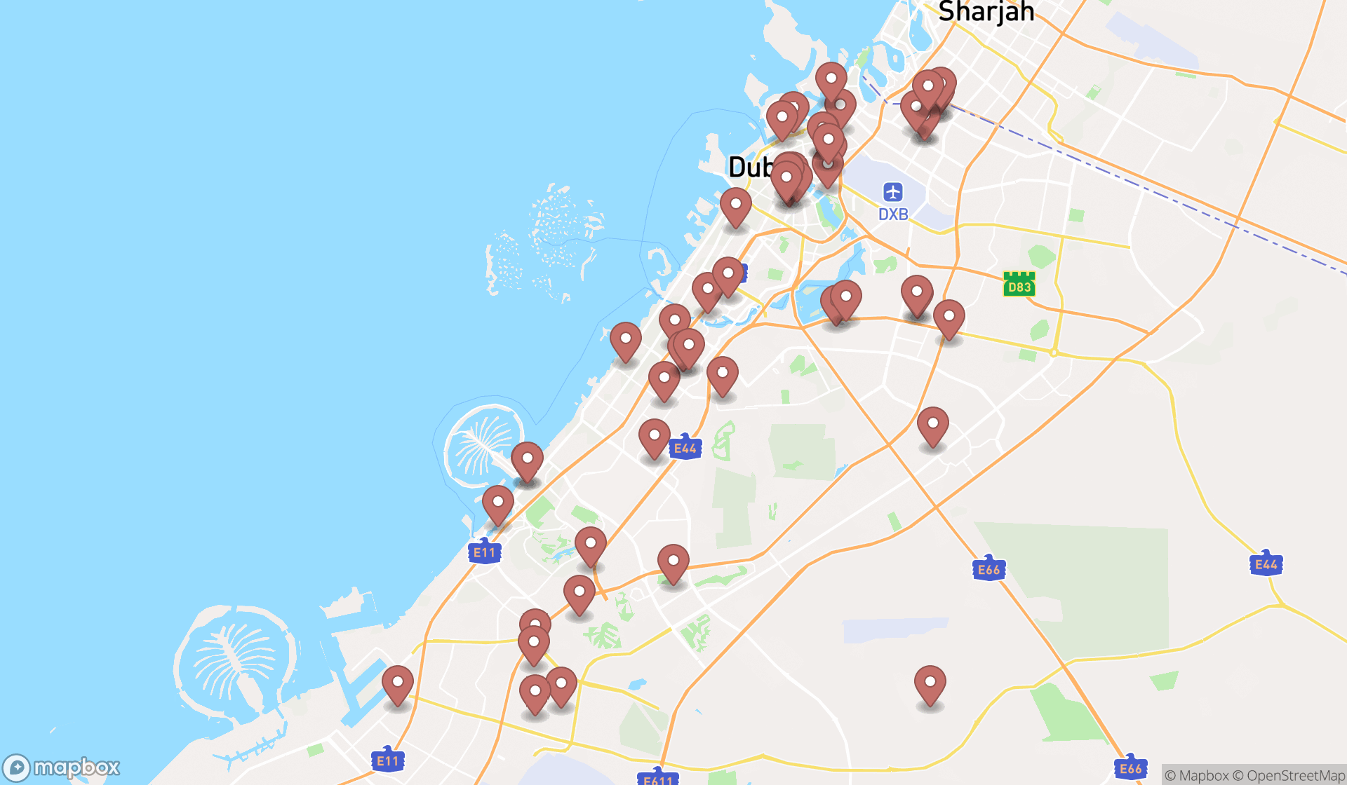 Map showing the search results in Dubai