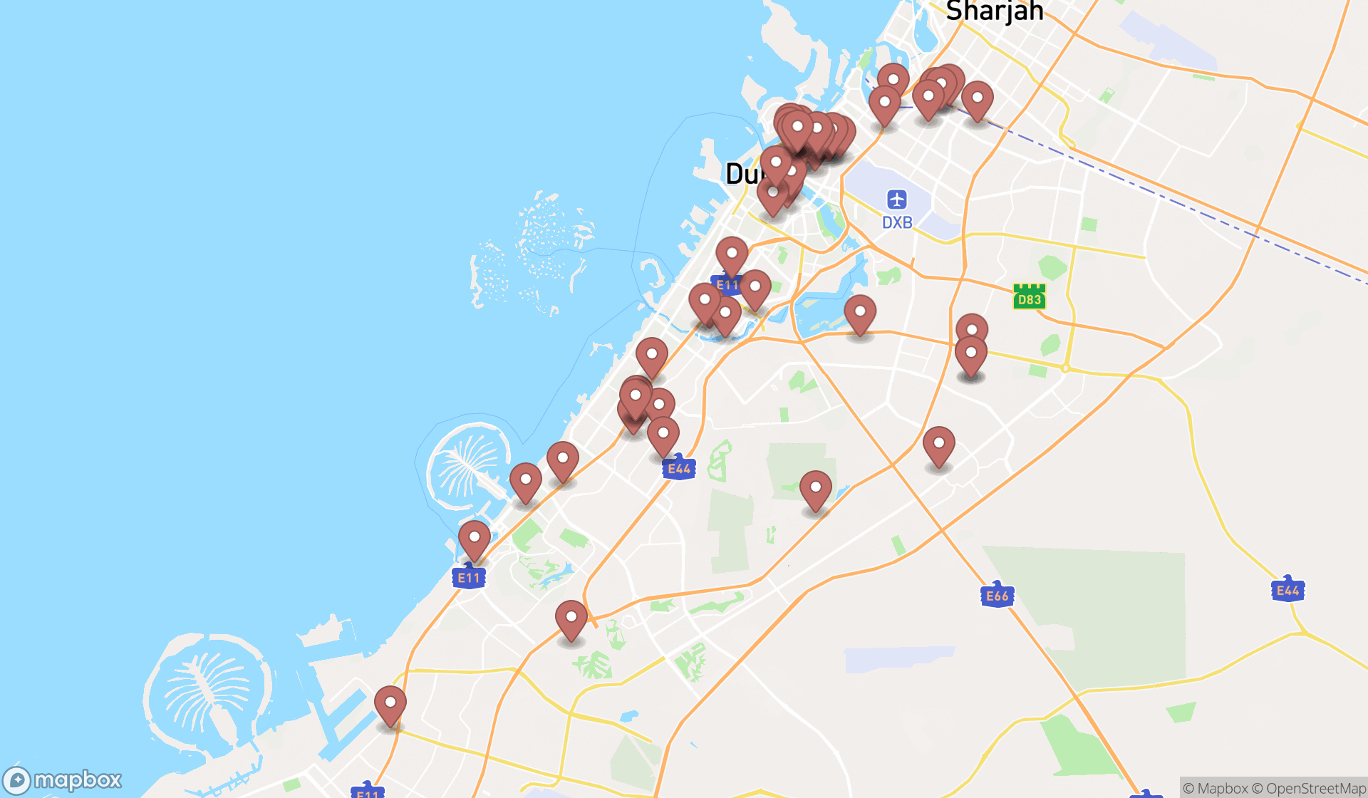 Map showing the search results in Dubai