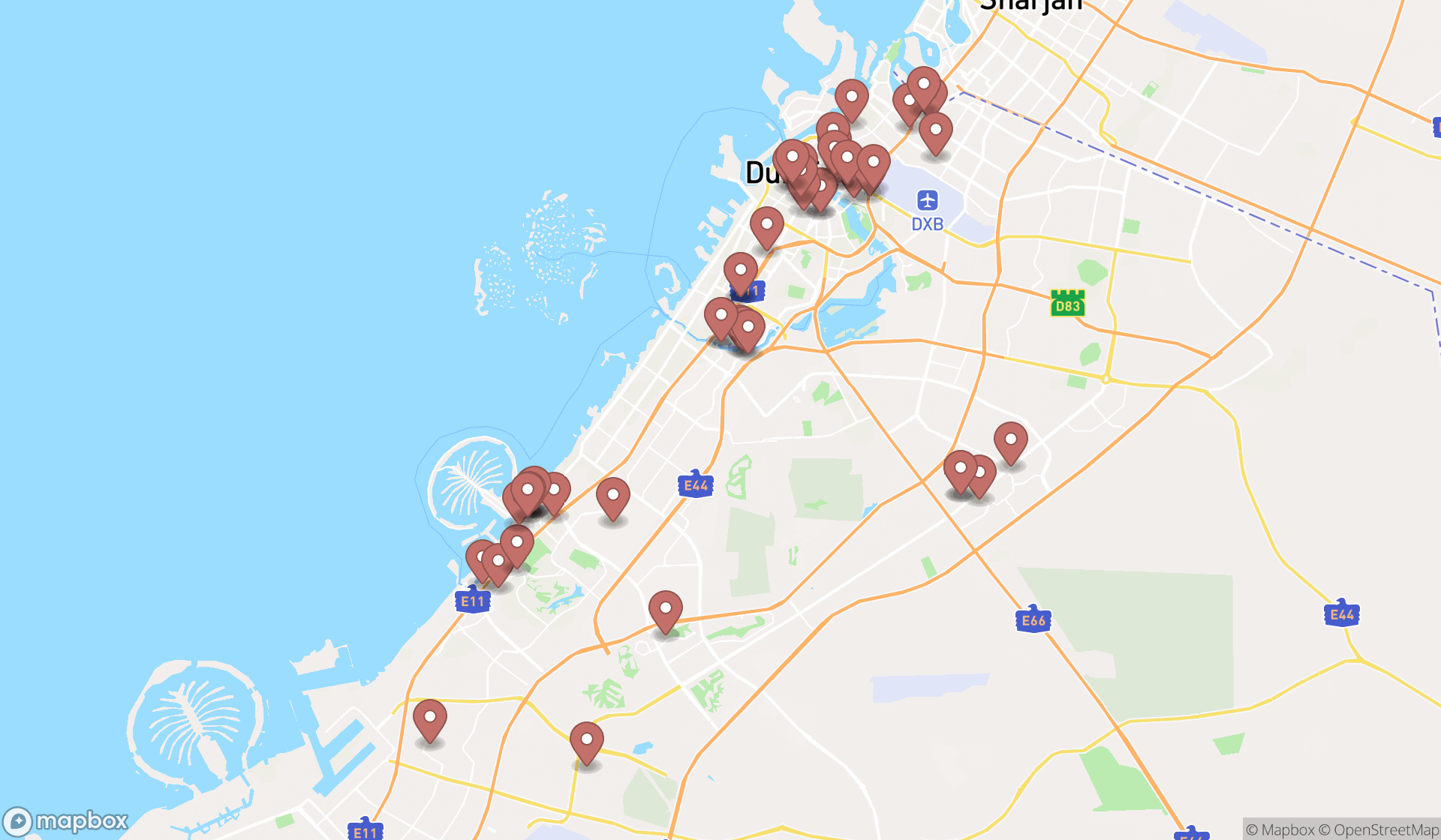 Map showing the search results in Dubai