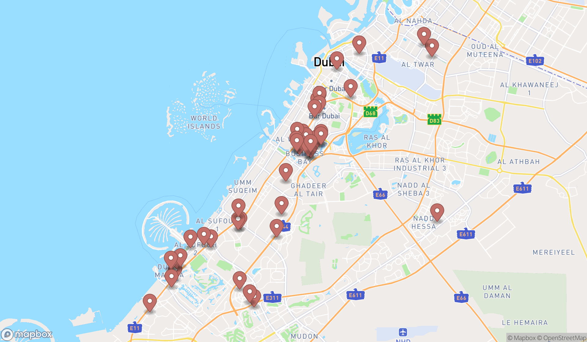 Map showing the search results in Dubai