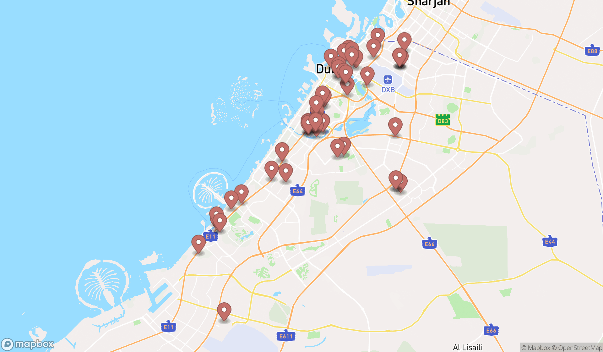 Map showing the search results in Dubai