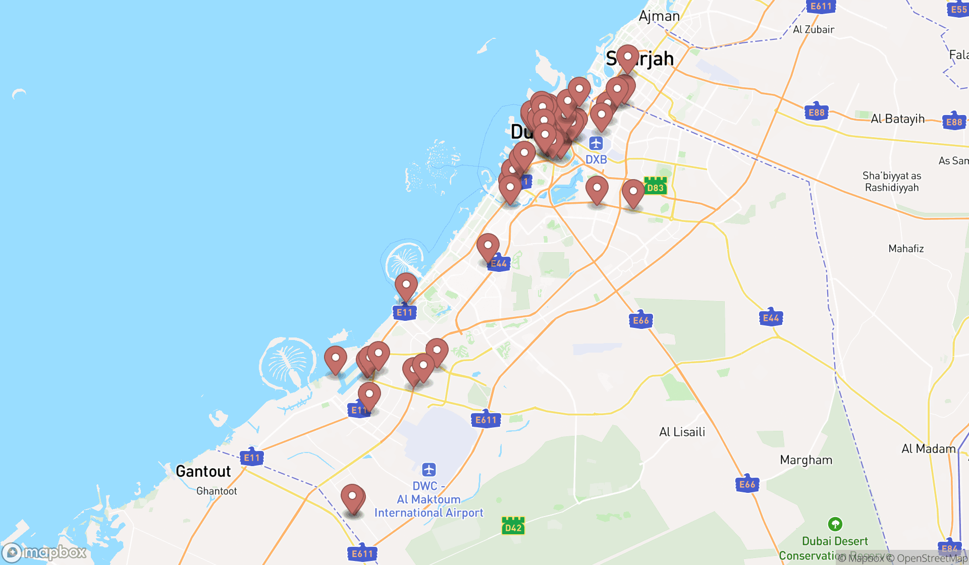 Map showing the search results in Dubai