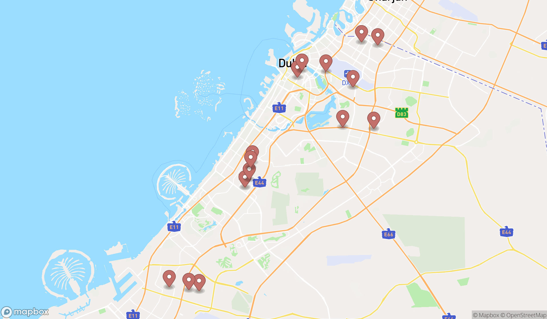 Map showing the search results in Dubai