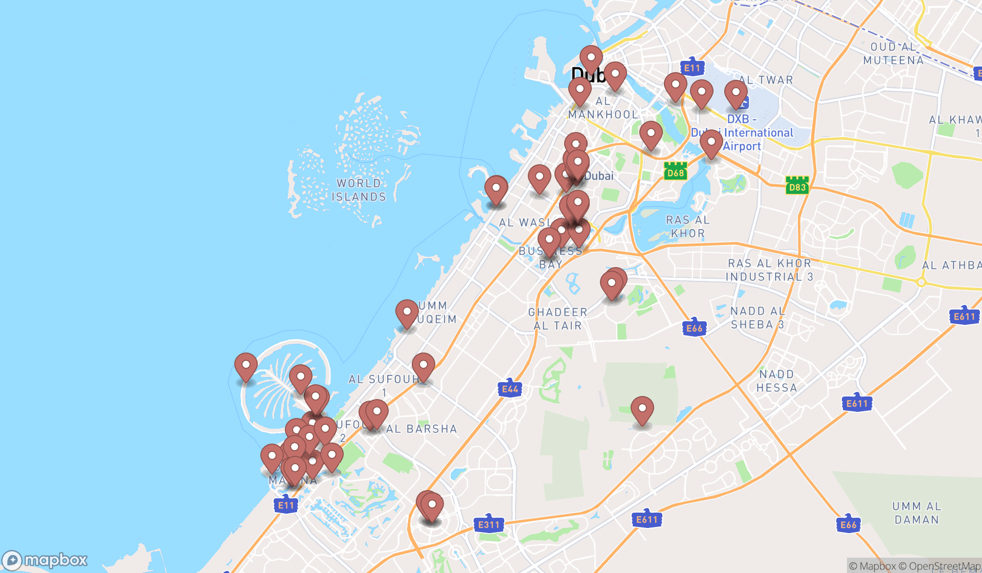Map showing the search results in Dubai