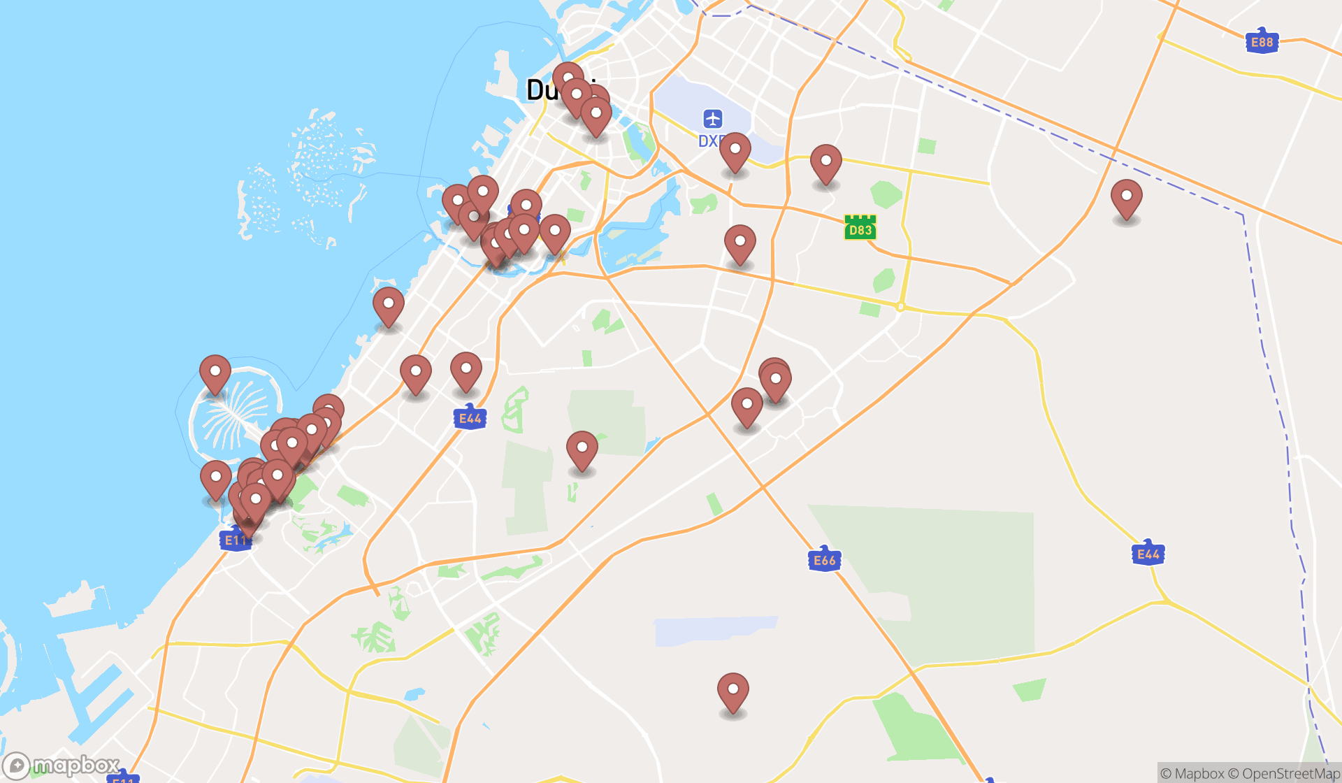 Map showing the search results in Dubai