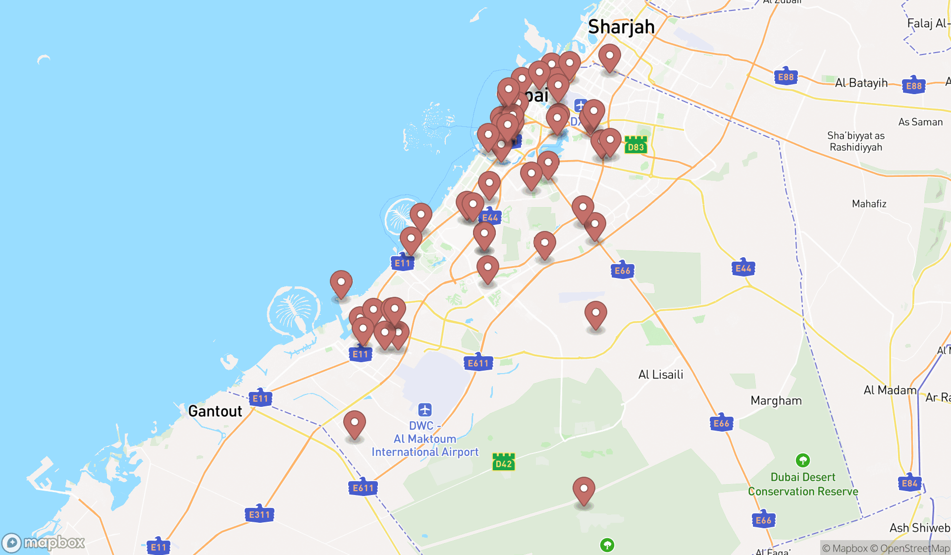 Map showing the search results in Dubai
