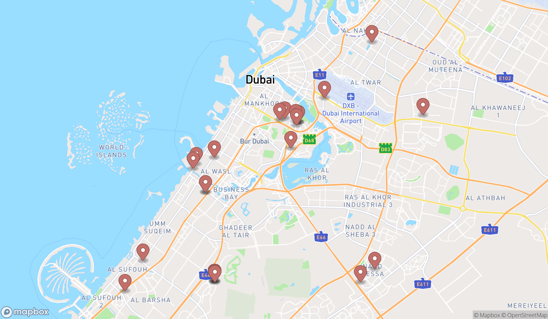 Map showing the search results in Dubai