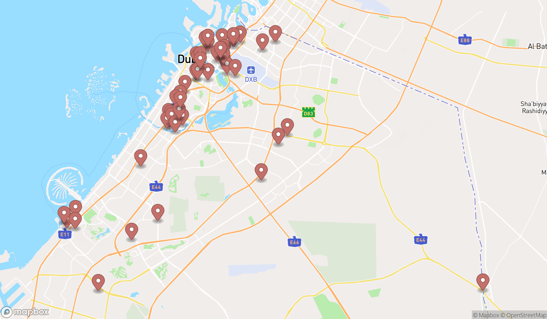 Map showing the search results in Dubai