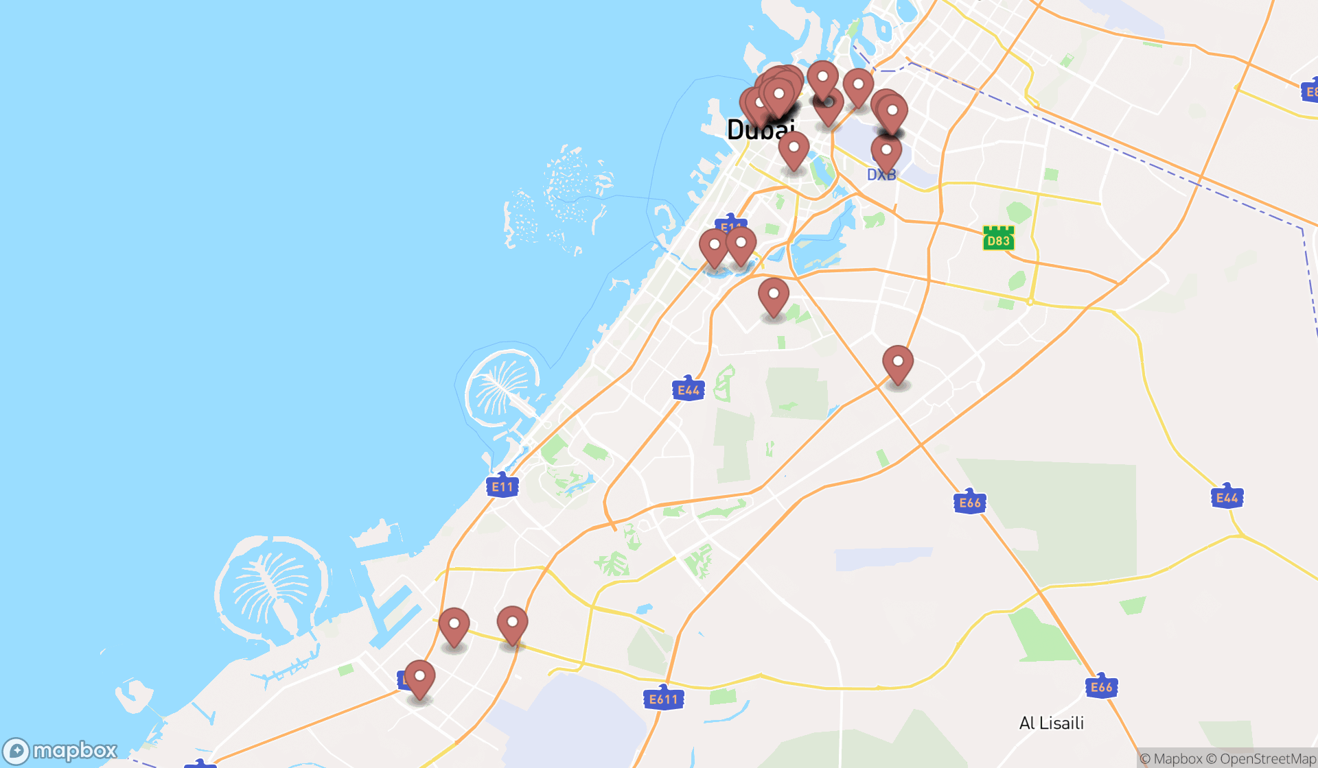 Map showing the search results in Dubai