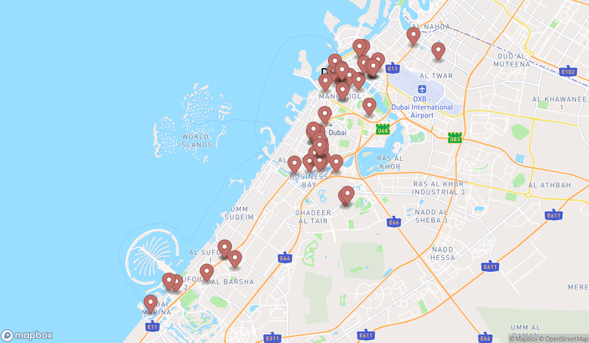 Map showing the search results in Dubai