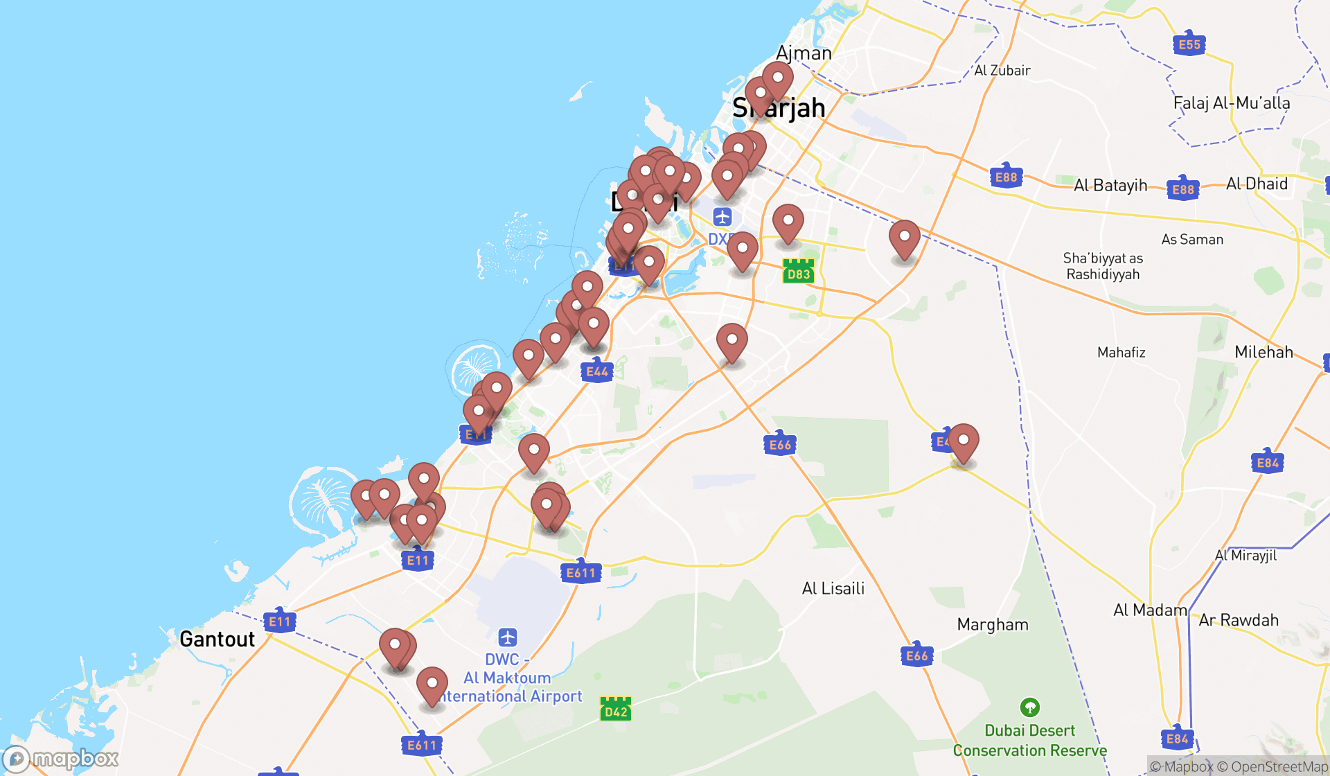 Map showing the search results in Dubai
