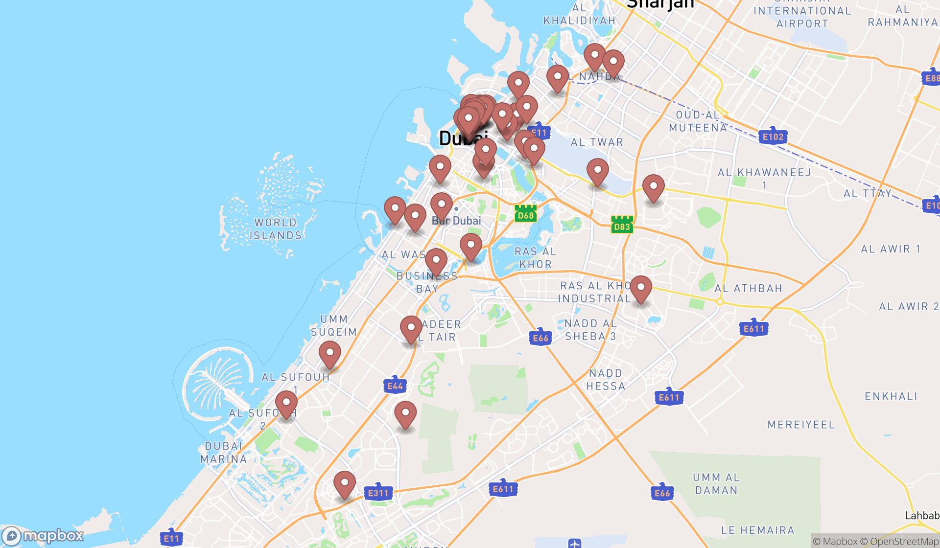 Map showing the search results in Dubai