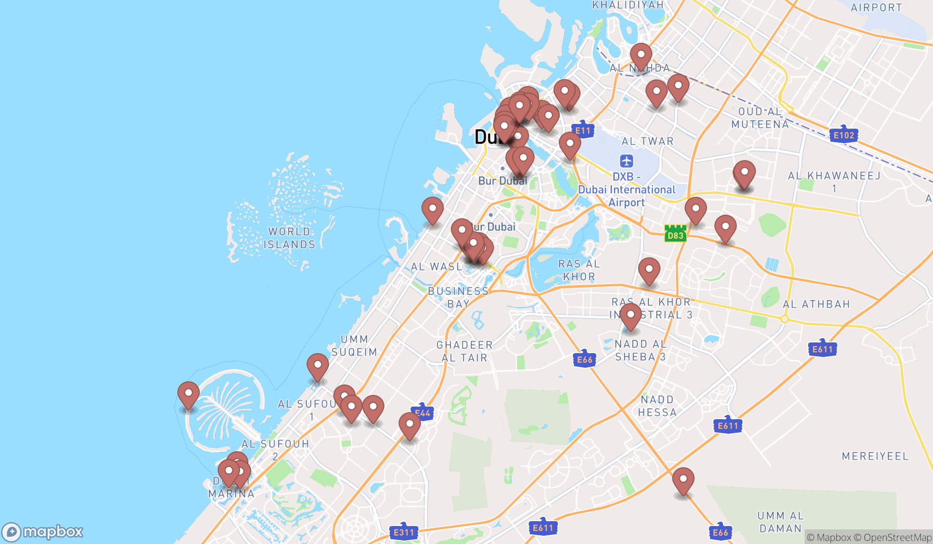Map showing the search results in Dubai