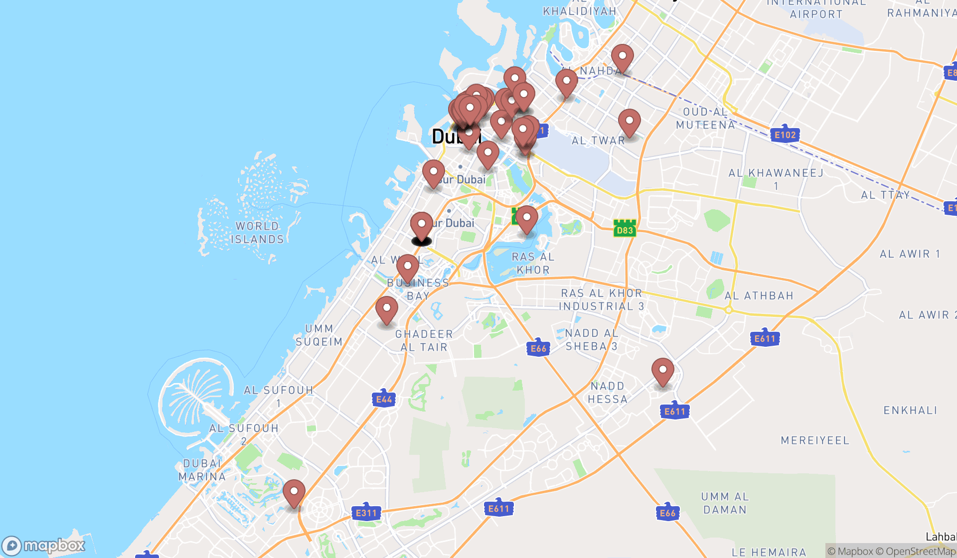 Map showing the search results in Dubai