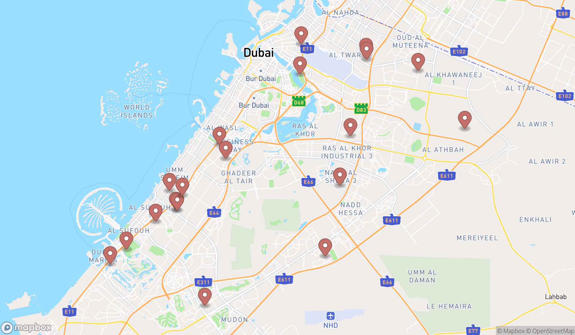 Map showing the search results in Dubai